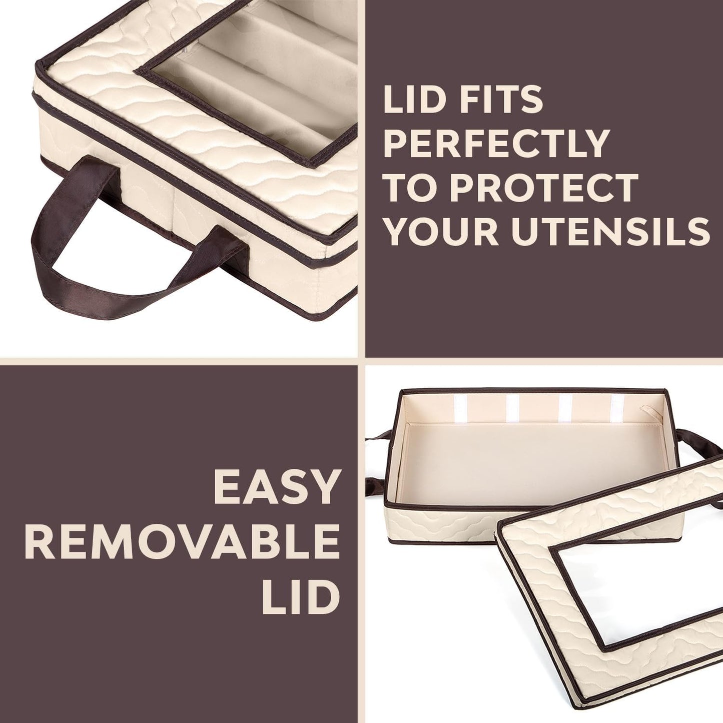 Flatware Storage Case - Durable 5 Compartment Silverware Storage Container Box with Removable Lid and Easy to Carry Handles - Large Capacity Keeps Your Cutlery Organized & Protected - Beige