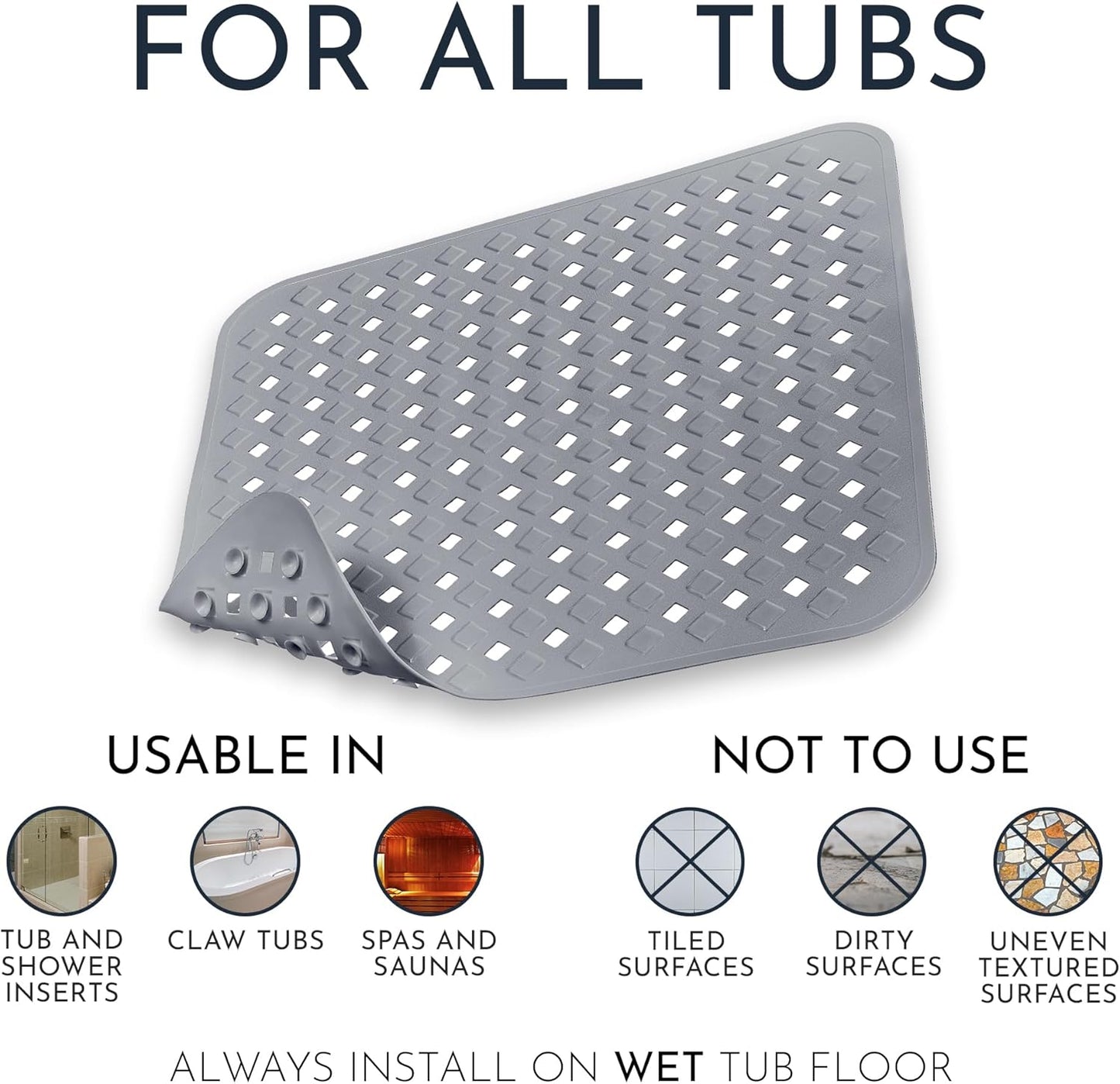 Homerella Anti Slip Shower Mat | Anti Mold Non Slip Bathtub Mat for Inside Shower | Square Floor Shower Mat 21 x 21 inch with Suction Cups for Grip & Hooks Hanging and Quick Drying | Machine Washable