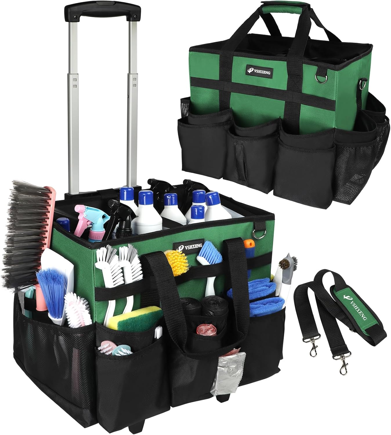 Large Rolling Cleaning Caddy Bag with Wheels, Cleaning Bag with Detachable Trolley, Cleaning Bags on Wheels for Housekeepers, Cleaning Cart Supplies Organizer for Home, Car, Picnic (Green)