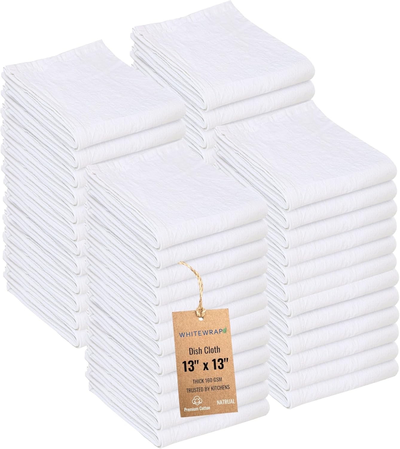 WHITEWRAP Dish Cloths Cotton| Kitchen Wash Cloth| Shop Towels Absorbent and Lint Free Flour Sack| Dishcloths for Kitchen Washing Dishes|Thick Absorbent Quick Dry Dish Rags |50Pack 13"x13" Natural