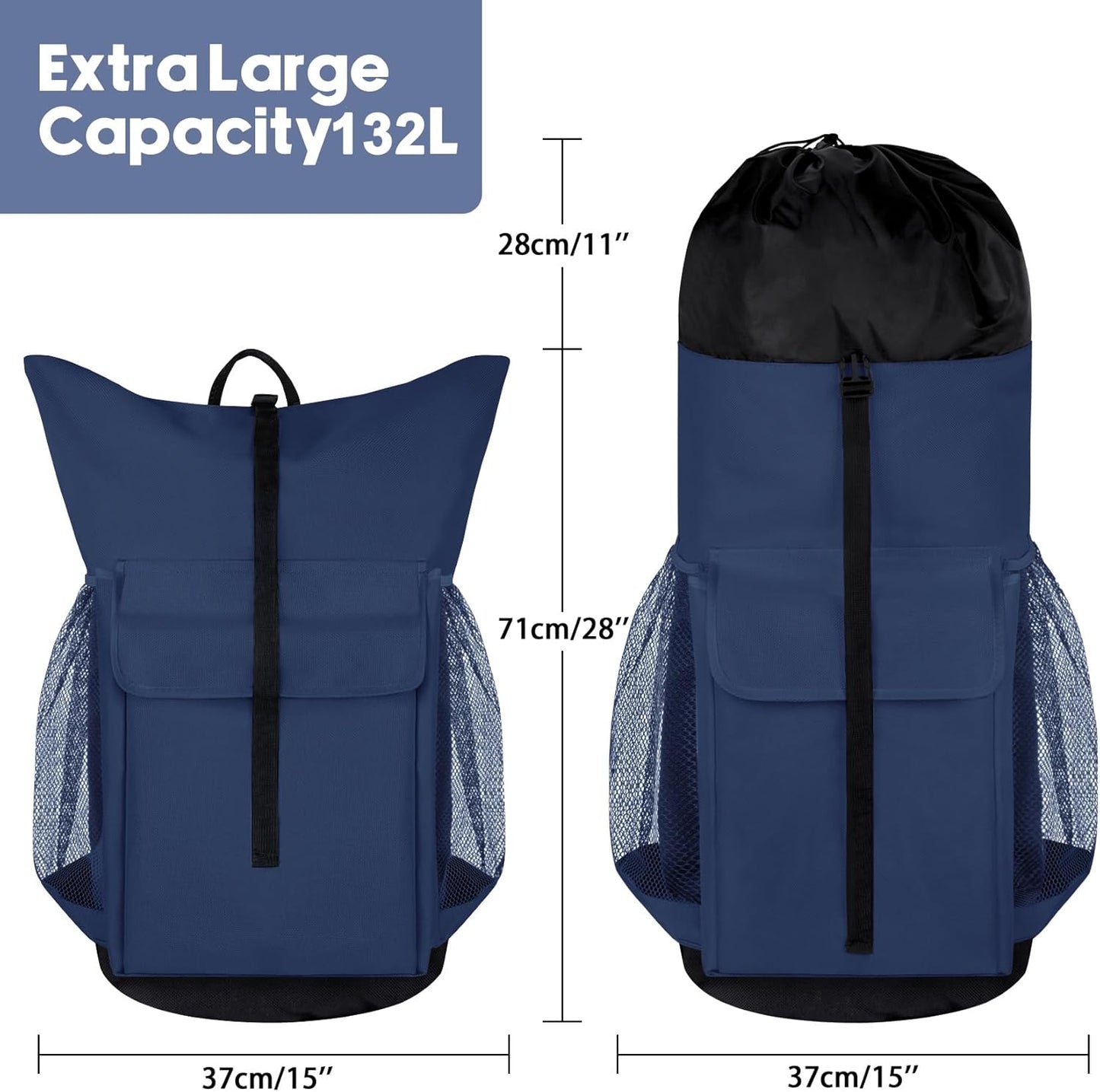 Laundry Backpack Bag, 132L Extra Large Heavy Duty Laundry Backpack for College Dorm Essentials, Laundry Hamper Travel Bag with Shoulder Straps and Mesh Wash Bags for Laundromat, Apartment Blue