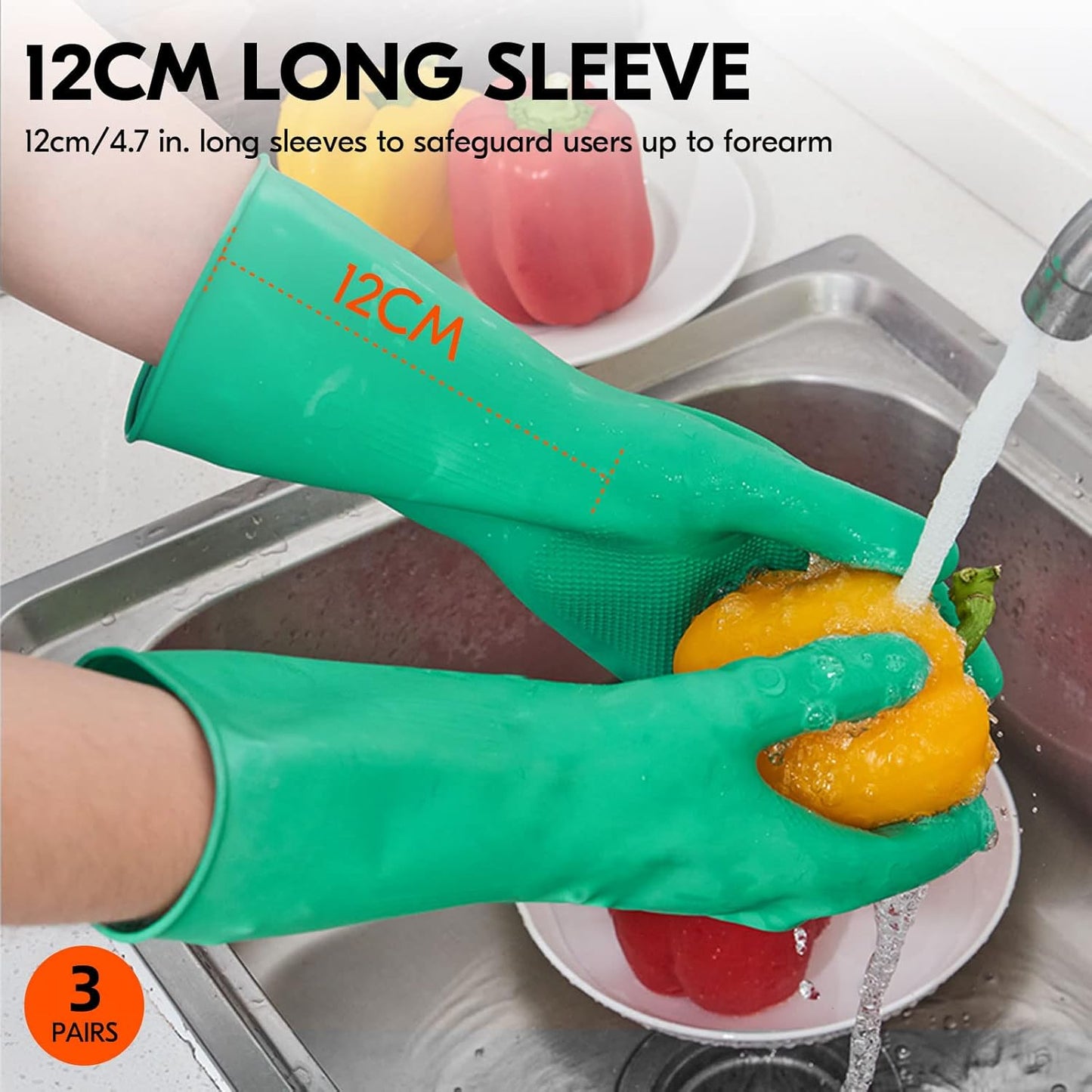Vgo... 3-Pairs Reusable Household Gloves, Rubber Dishwashing gloves, Extra Thickness, Long Sleeves, Kitchen Cleaning, Working, Painting, Gardening, Pet Care (Size S, Green, HH4601)