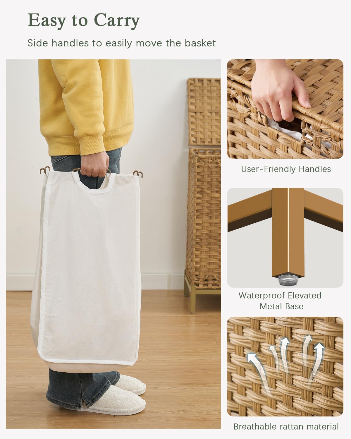 Laundry Hamper with Lid 132 L, (35 Gallons) Clothes Hamper with Lid, Handwoven Rattan Laundry Hamper with Metal Heightened Feet, Laundry Hampers with 3 Removable Liner Bags for Laundry-Natural