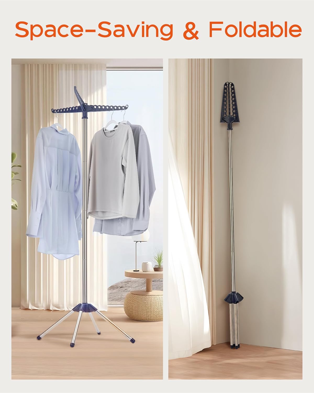 Clothes Drying Rack Foldable, 59 inch Tripod Laundry Drying Rack Indoor with Rotating Clothes Rail for 27 Pieces of Clothes, Space Saving, Blue and Silver CDR001Q01
