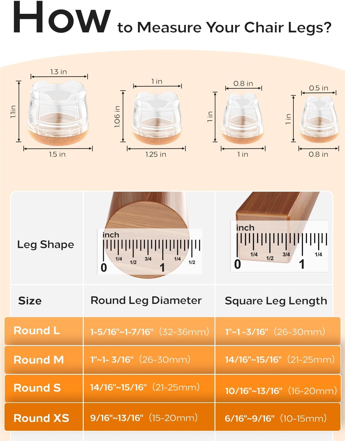 Upgrade 24 PCS Silicone & Felt Chair Leg Floor Protectors for Hardwood Floors - Furniture Pads, Chair Leg Covers/Cups - No Noise & Scratch-Proof - Round M (Fits 1"-1 3/16" / 26-30mm), Clear