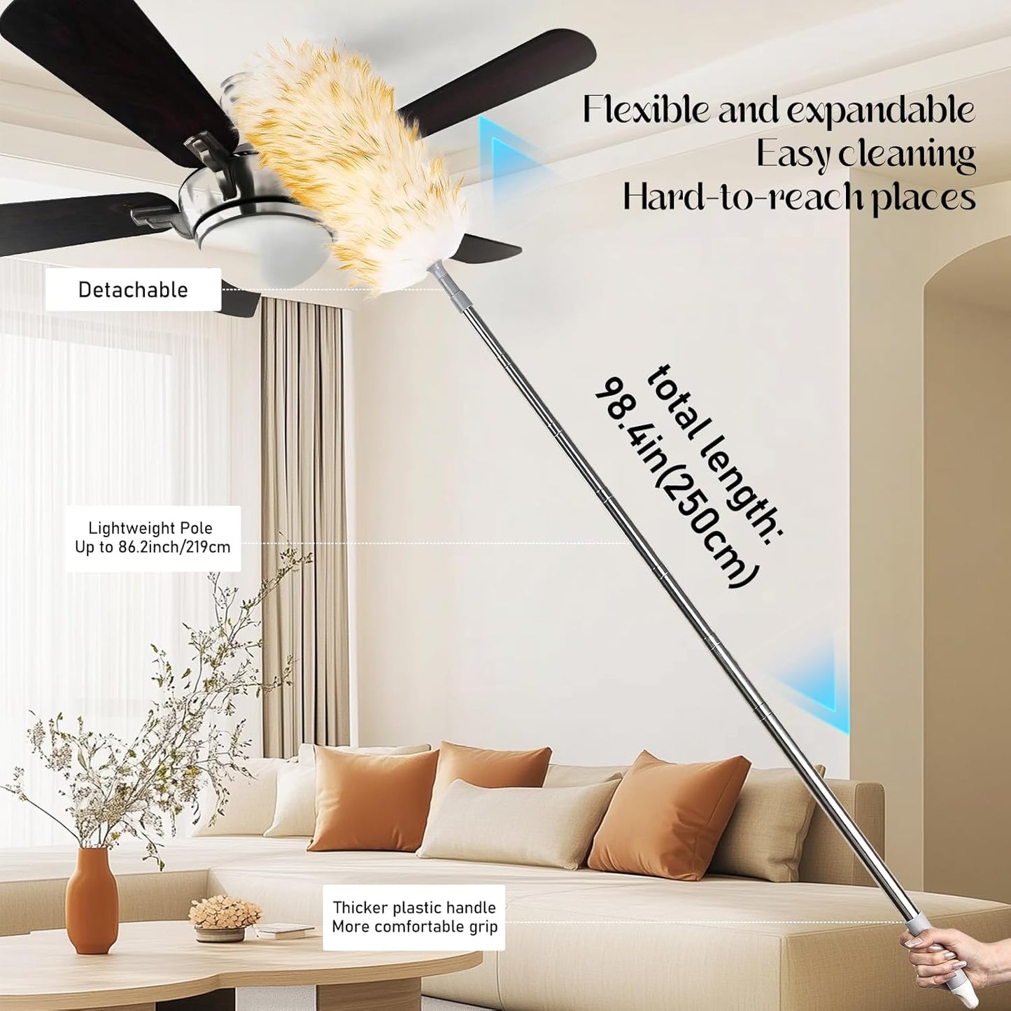 Lambswool Duster for Cleaning with Non-Slip Handle 98.4" Removable Retractable Feather Duster for Cleaning Ceiling Fans Window Blinds Interior Roof Furniture(1PCS)