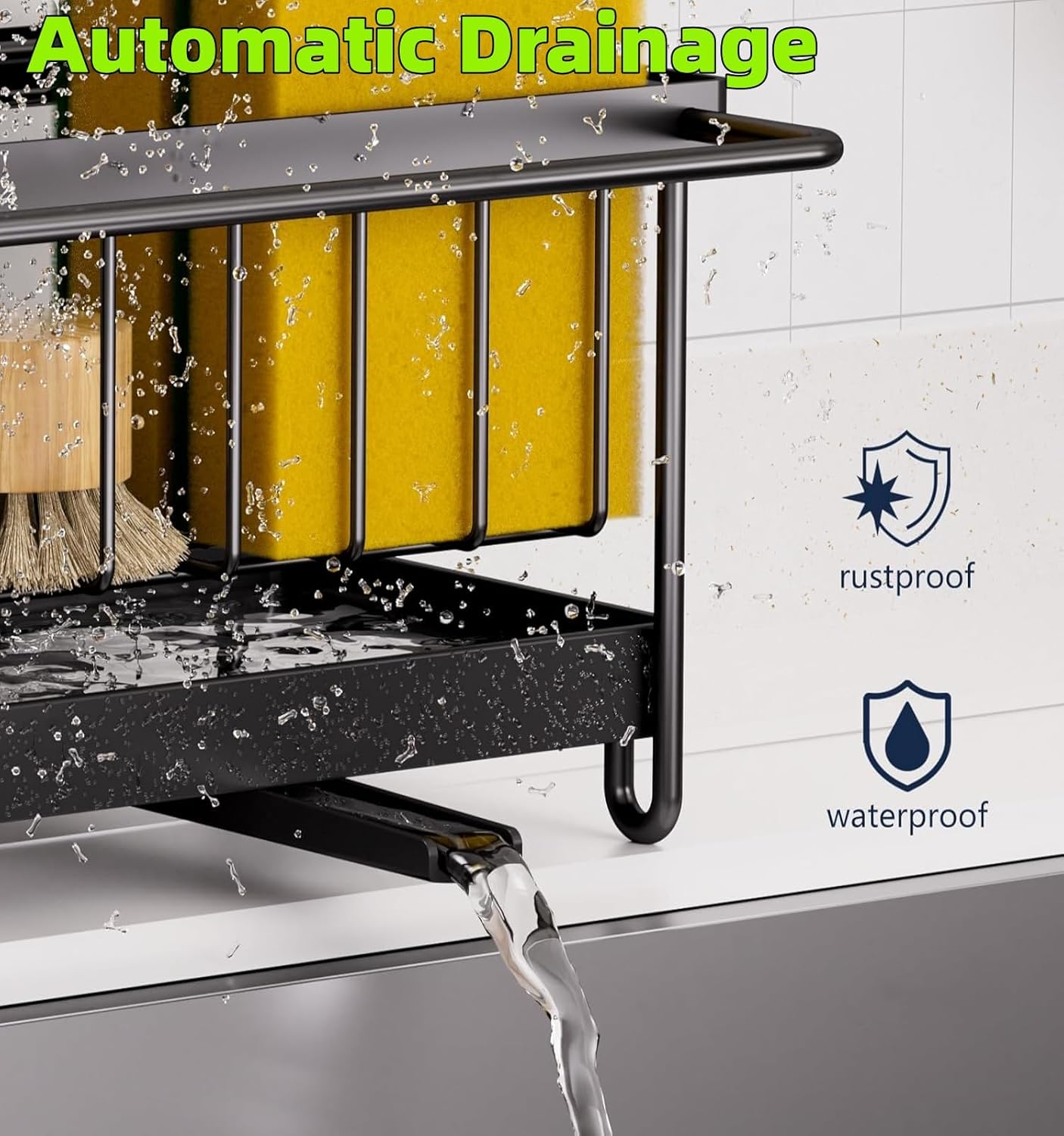 Sink Caddy Sponge Holder with Auto Draining Tray, Space-Saving Soap Dispenser Storage Kitchen Organizer Accessories (Black Holder)