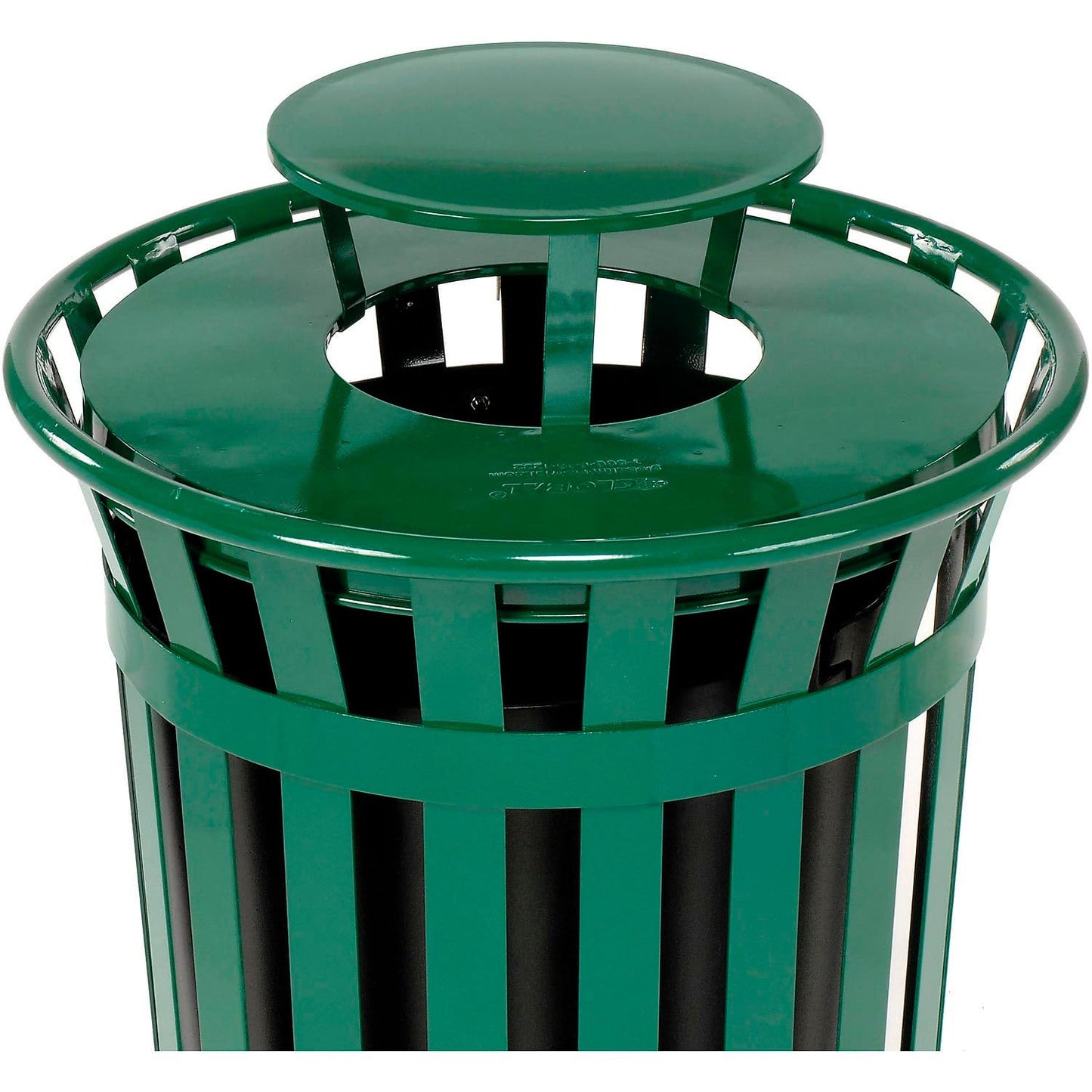 Global Industrial Heavy-Duty 36 Gallon Capacity Outdoor Metal Slatted Trash Receptacle with Rain Bonnet Lid & Plastic Liner, Green, Commercial & Industrial Trash Can