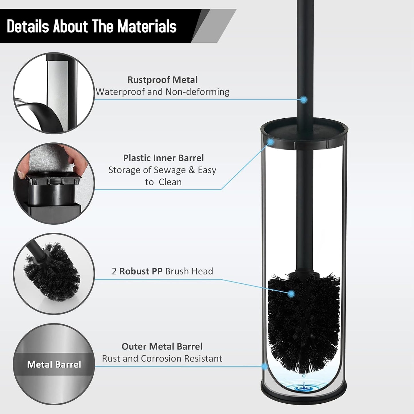 BGL Stainless Steel Toilet Brush with Holder, 2 Black Bristle Heads