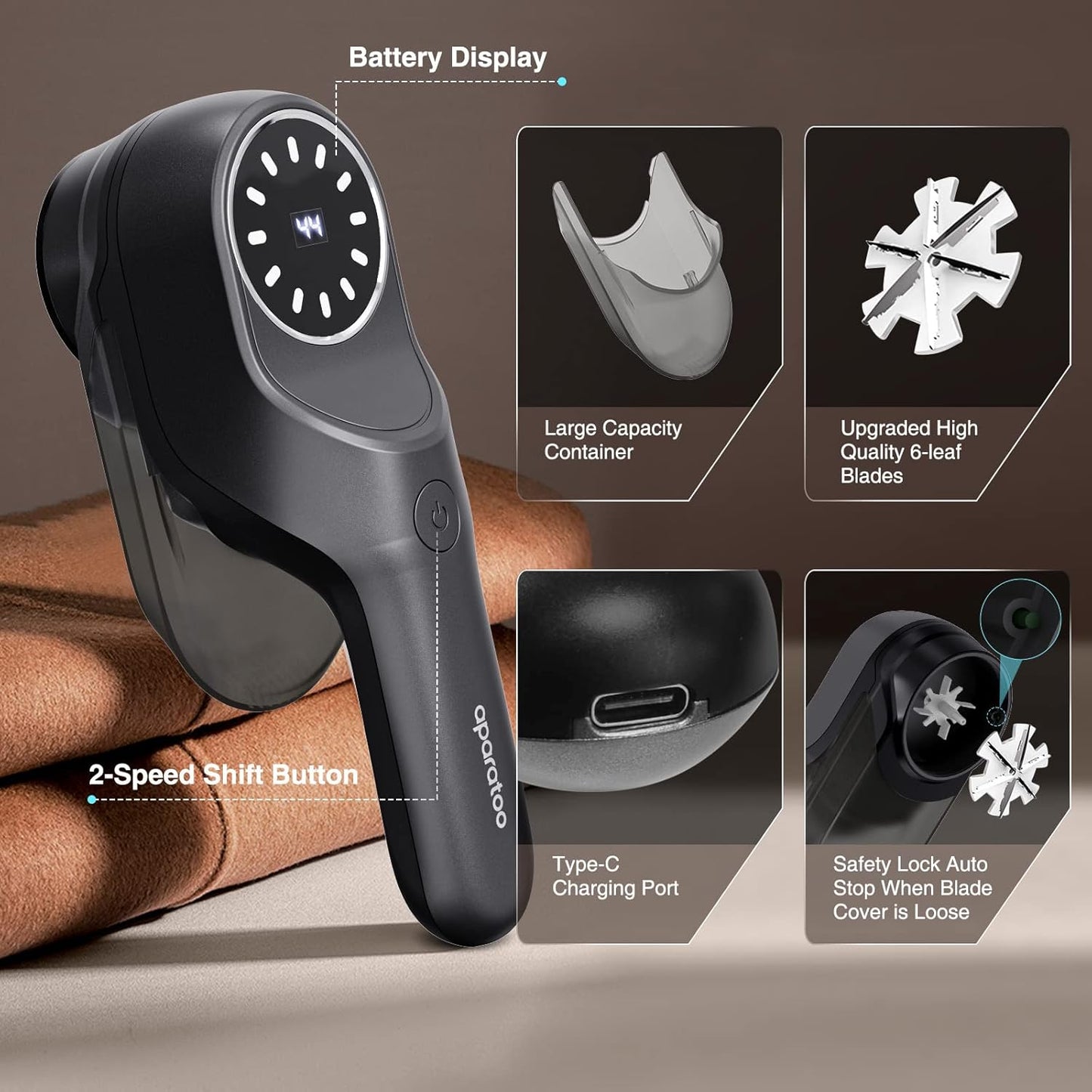 Fabric Shaver and Lint Remover with 2 Extra Blades, Led Digital Display Fabric Shaver for Furniture, 2 Speeds Powerful Ball Remover for Clothes Sweater Sofa Carpet (Black)