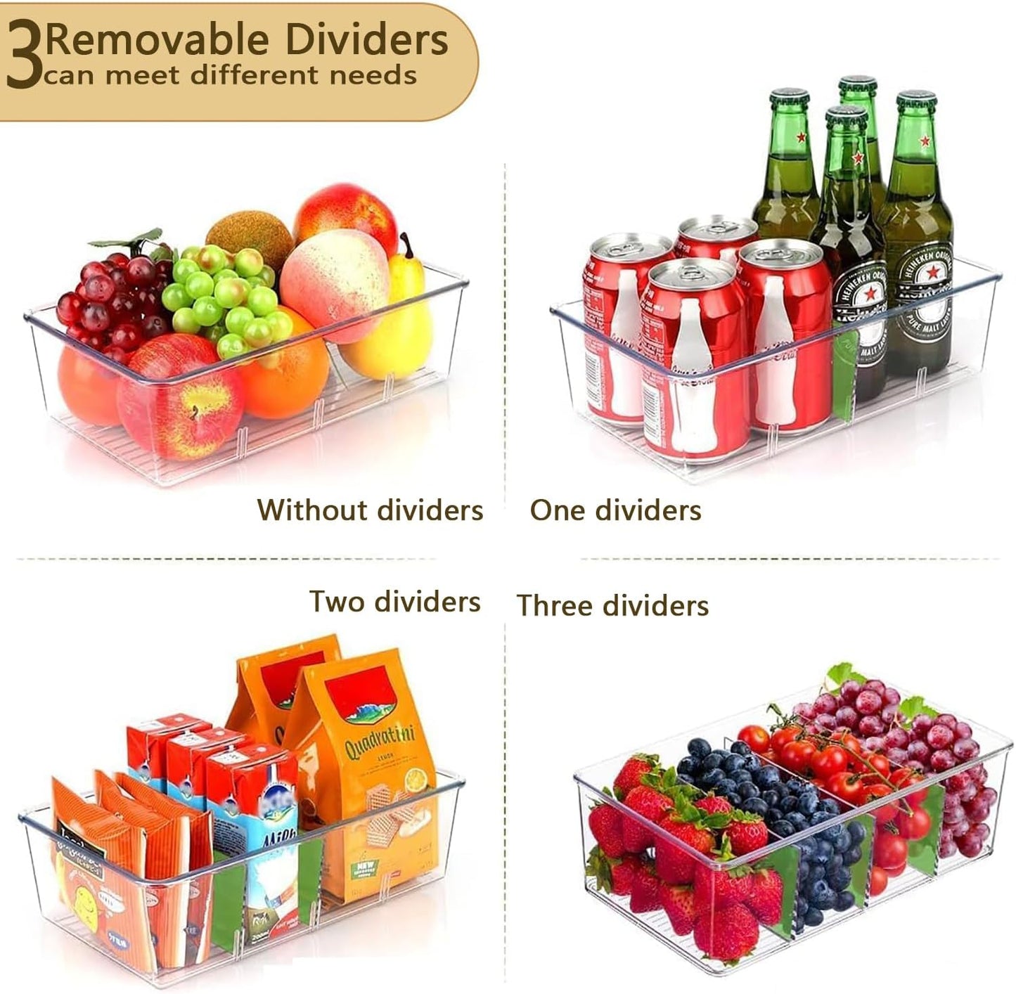 Pantry Organizers and Storage,Kitchen Organizers and Storage for Fridge,Drawer and Refrigerator - Spice Organization for Cabinet,Clear Plastic Stackable Storage Organizer Bins with 3 Dividers (3 Pcs)