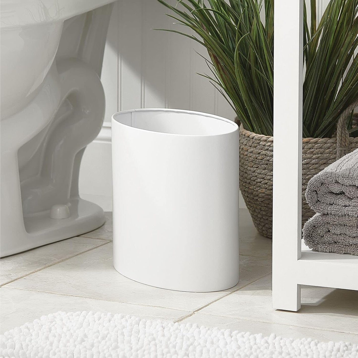 mDesign Stainless Steel Metal Oval Trash Can, 7.9 Liter/2.09 Gallon Wastebasket, Garbage Basket Bin for Bathroom, Bedroom, Kitchen, Home Office, Holds Waste and Recycle, Mirri Collection, White