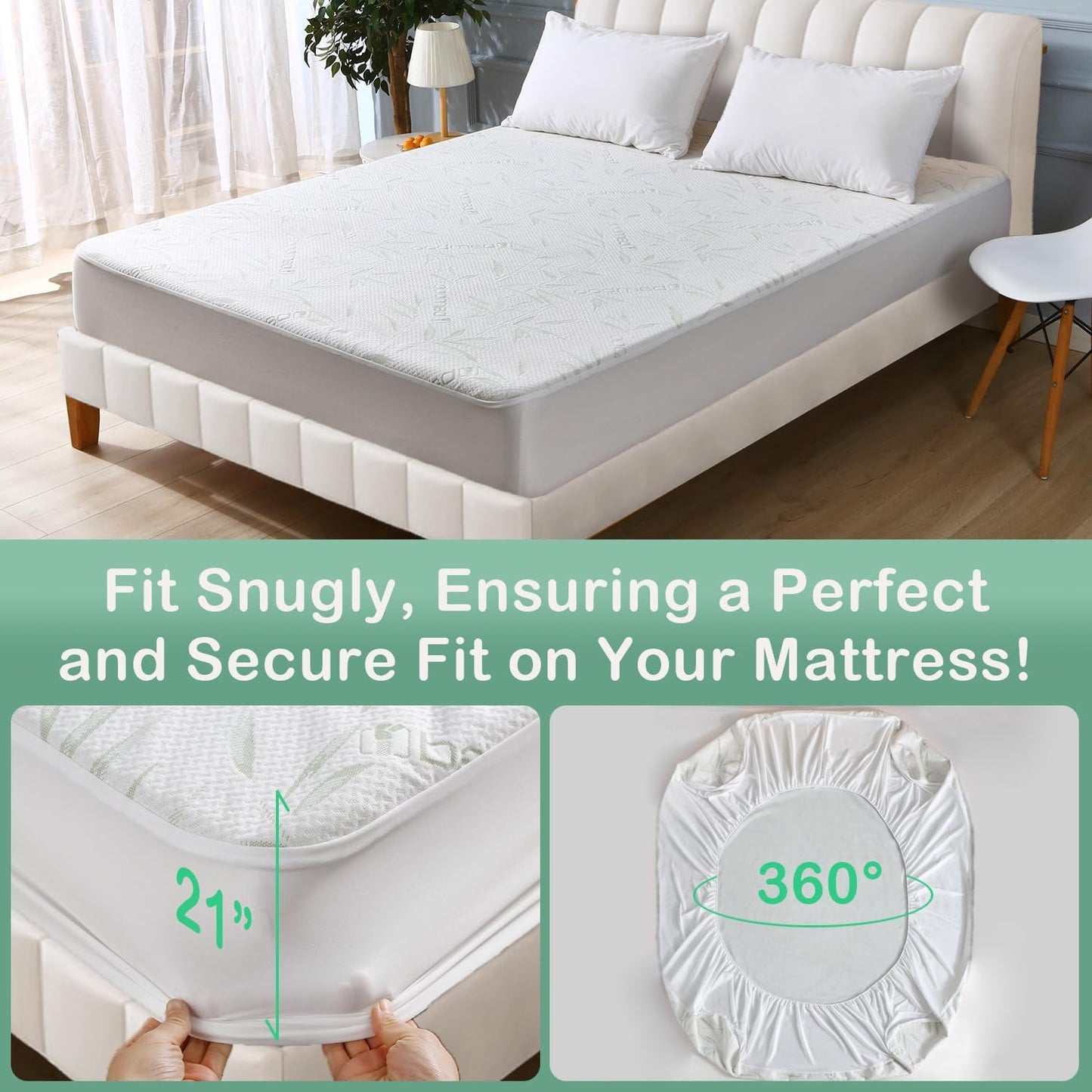 Queen Mattress Protector Waterproof Mattress Pad Washable Bamboo Rayon Mattress Cover Breathable Noiseless Bed Protector 5" - 21'' Elastic Fitted Deep Pocket