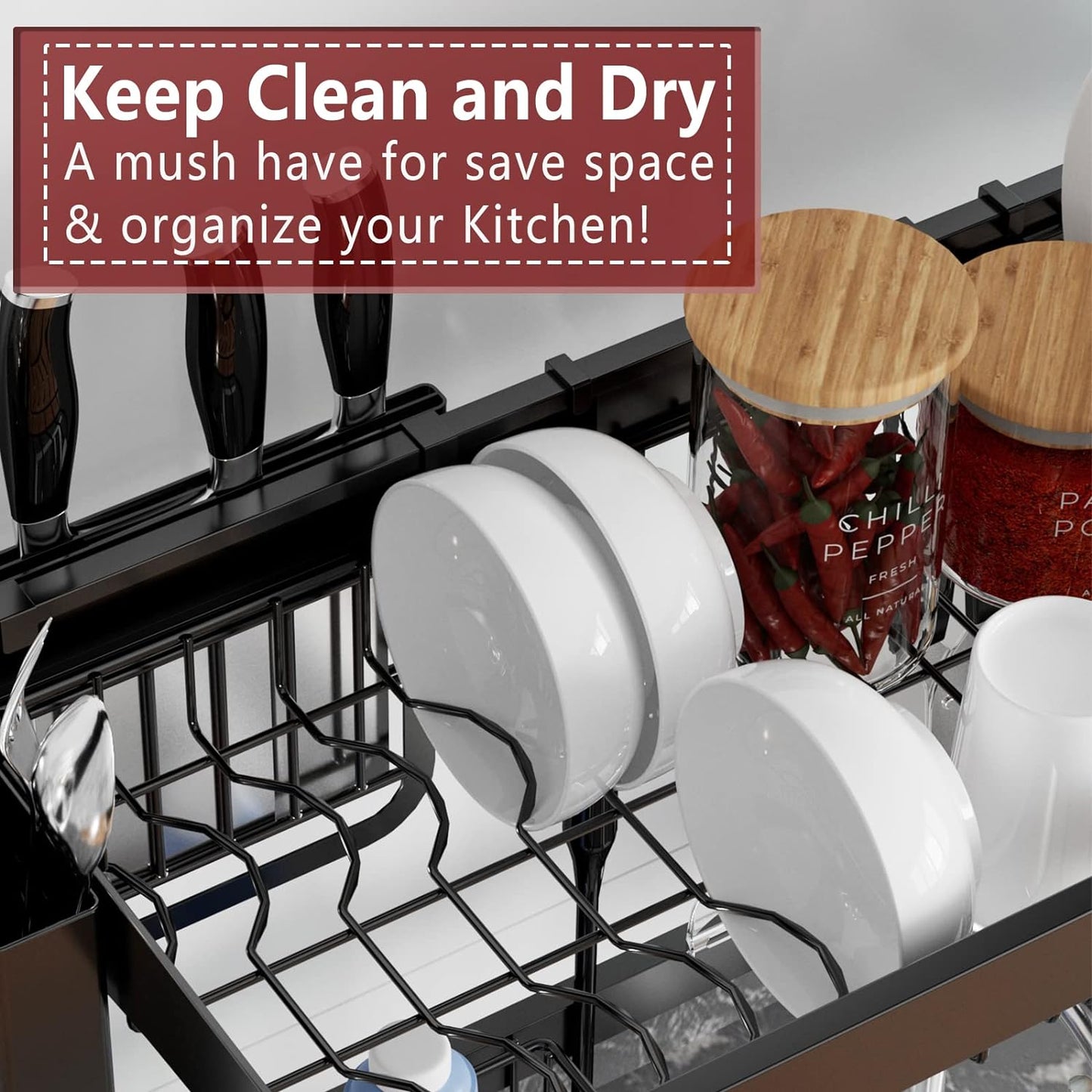 VNKZI Over Sink Dish Drying Rack, 2 Tier Full Stainless Steel Storage Adjustable Length (25.98'' to 36.61'') Kitchen Rack, Multifunctional Expandable Counter Organizer, Space Saver Dish Rack