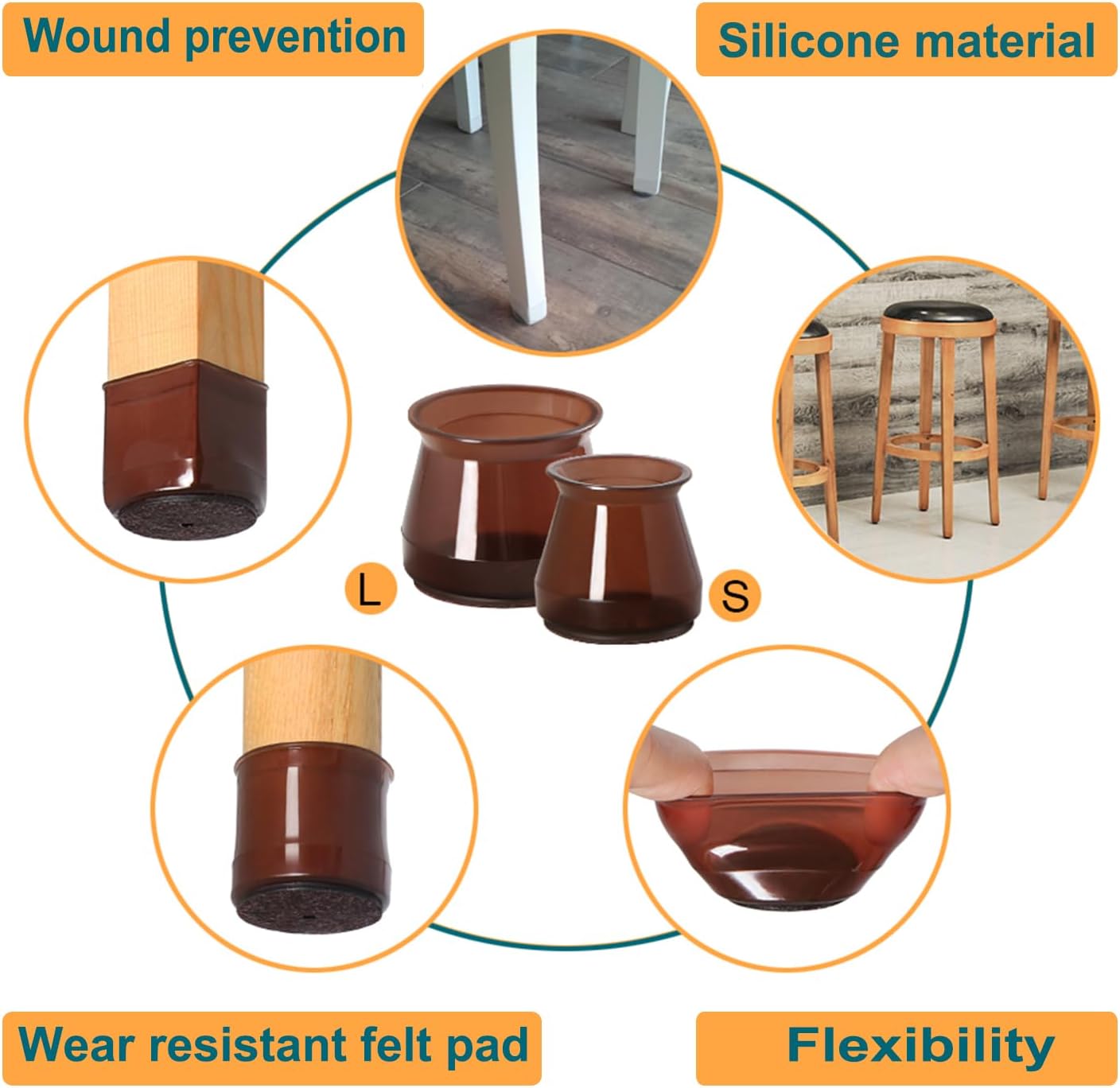 32 Pcs Silicone Chair Leg Floor Protectors for Hardwood Floors, Brown Felt Bottom Chair Leg Covers, Free Moving Table Leg Covers, Stool Leg Protectors Caps（Large fit : 1.3'' - 2''）