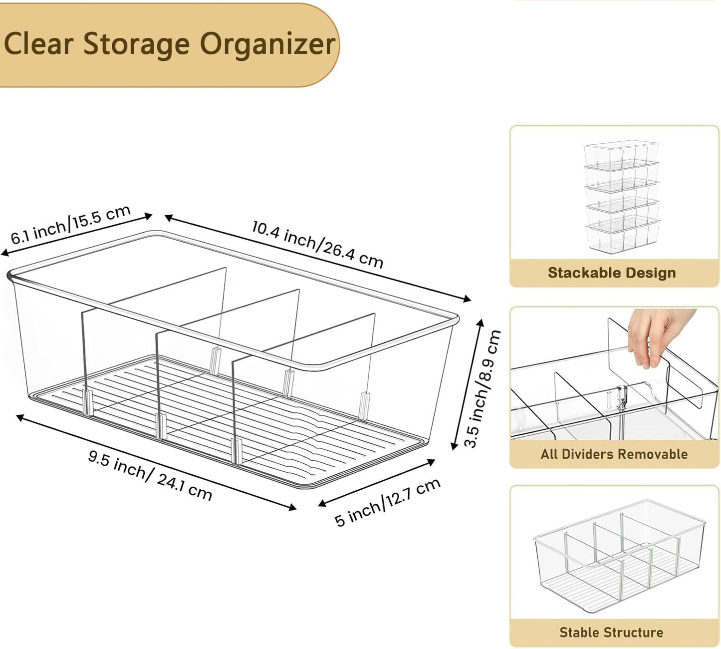5 Pack Pantry Organizers and Storage,4 compartment Snack Containers for Kitchen,Fridge,Refrigerator Organization and Storage,Clear Plastic Bins for Spice,Tea bag,Seasoning organizer