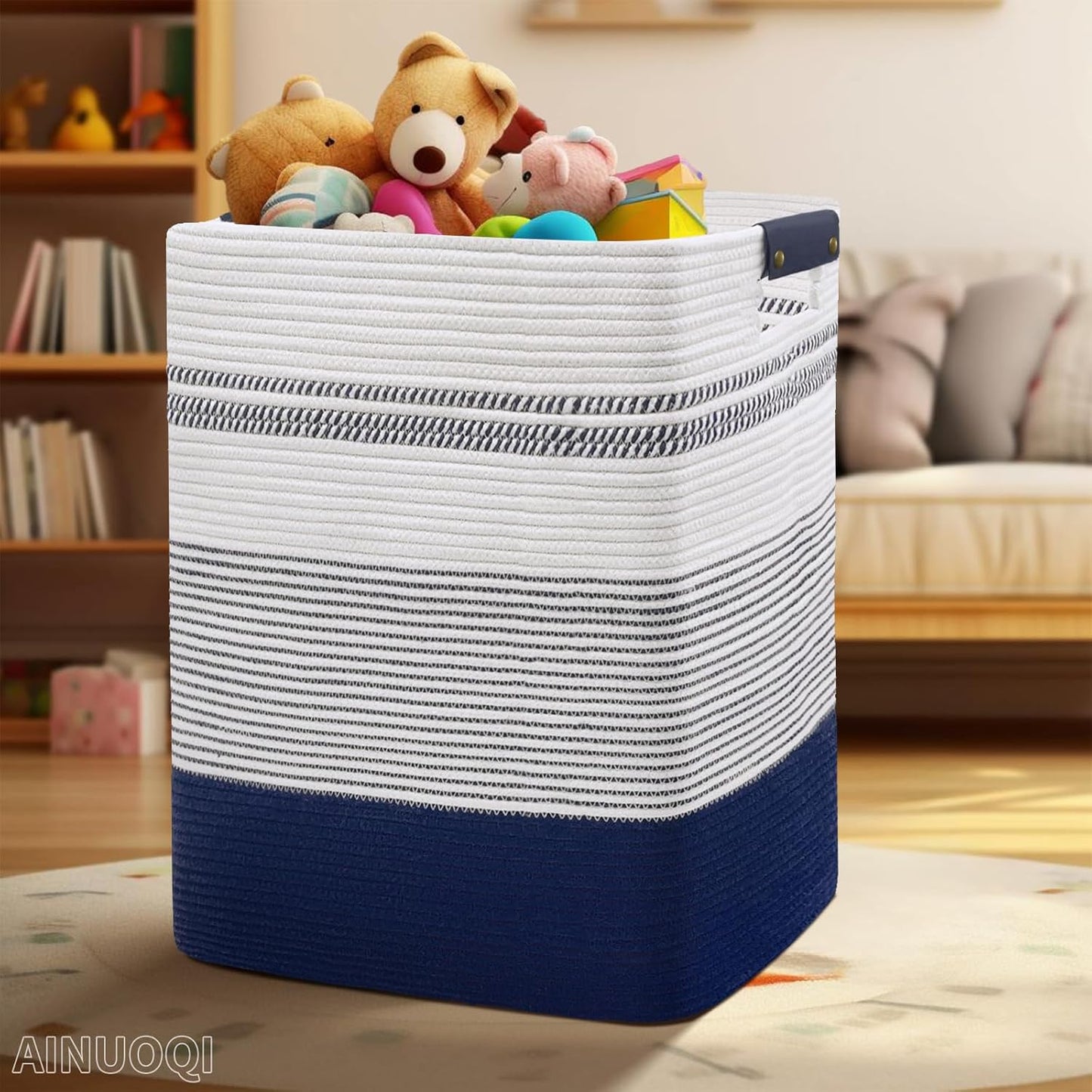 Large Laundry Basket - Tall Woven Rope Laundry Hamper with Leather Handles - Dirty Clothes hamper for Living room, Bedroom, 17.8" X 13.8" X 22", Dark Blue & White