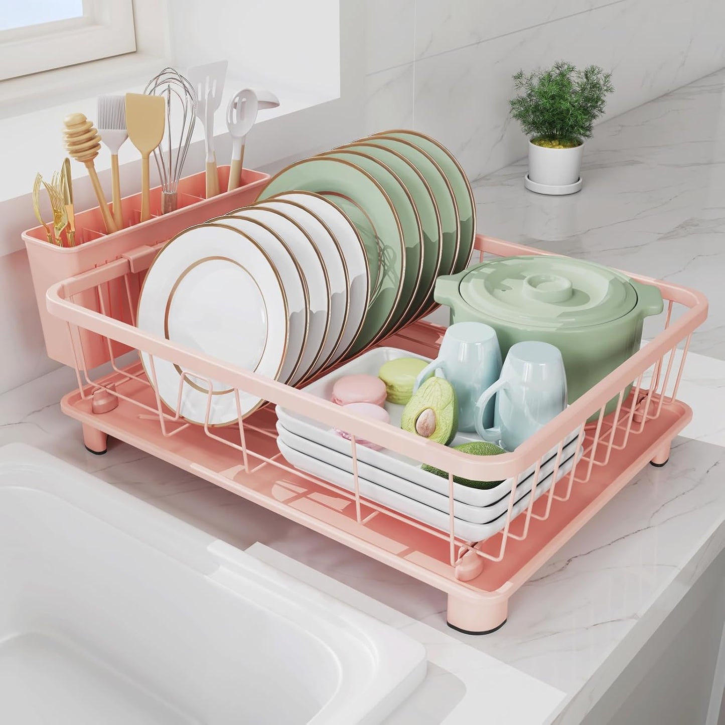 Pink Dish Drying Rack - Space-Saving Dish Rack,Dish Racks for Kitchen Counter with Drainboard, Birthday Christmas Day Mothers Day Thanksgiving Gifts for Mom Grandma Wife Kitchen Enthusiasts
