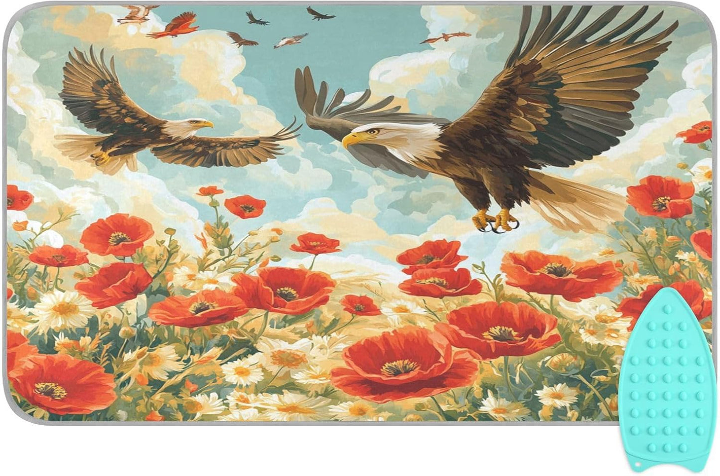 Vivid Poppy Wildflowers and Eagles Ironing Mat Thickened Ironing Blanket Travel Portable Double-Side Using Ironing Pad Travel Isolate Heat Pad Cover for Washer Dryer Table Top Countertop 27.6x4