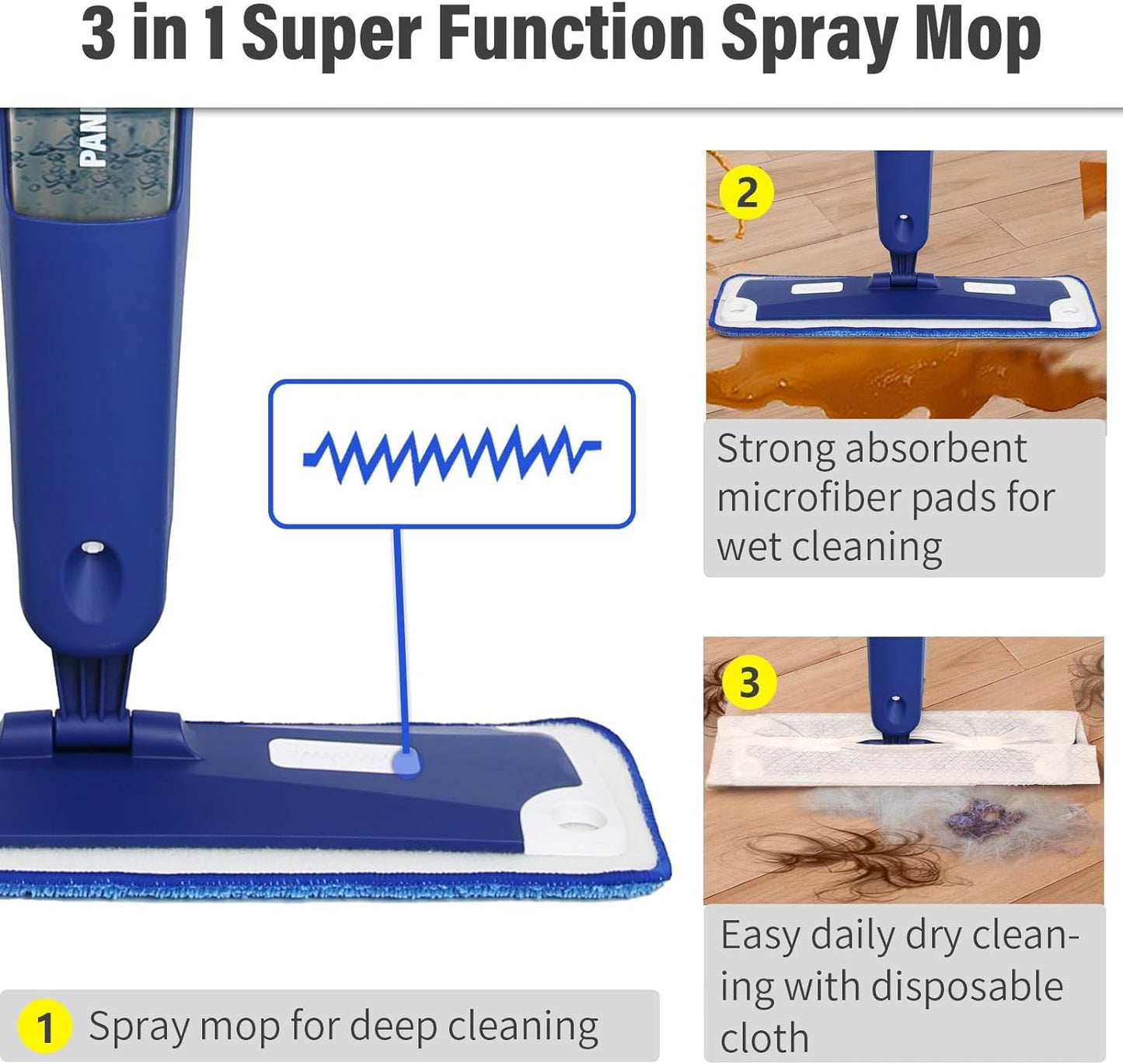 Mop for Multi-Purpose Floor Premium Spray Mop, 18 inch Professional Hardwood Wet and Dry Cleaning Mops with 3 Resuable Pads and Refilled Bottle, Blue