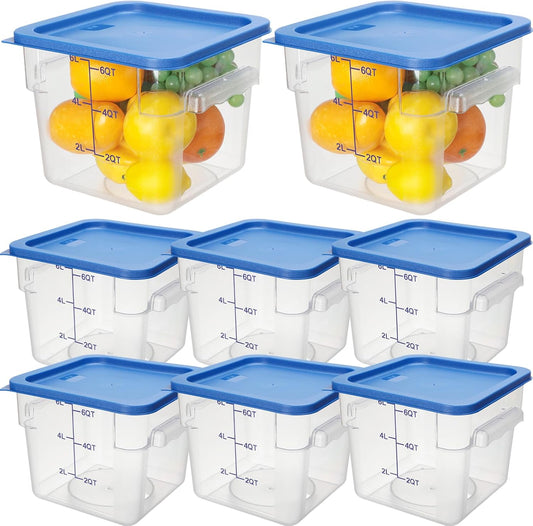 Lallisa 8 Pack 6 Qt Commercial Food Storage Containers with Lids Square Food Storage Container Clear Cereal Storage Containers for Kitchen Freezer Pantry Restaurant Flour Sugar(Blue Lids)