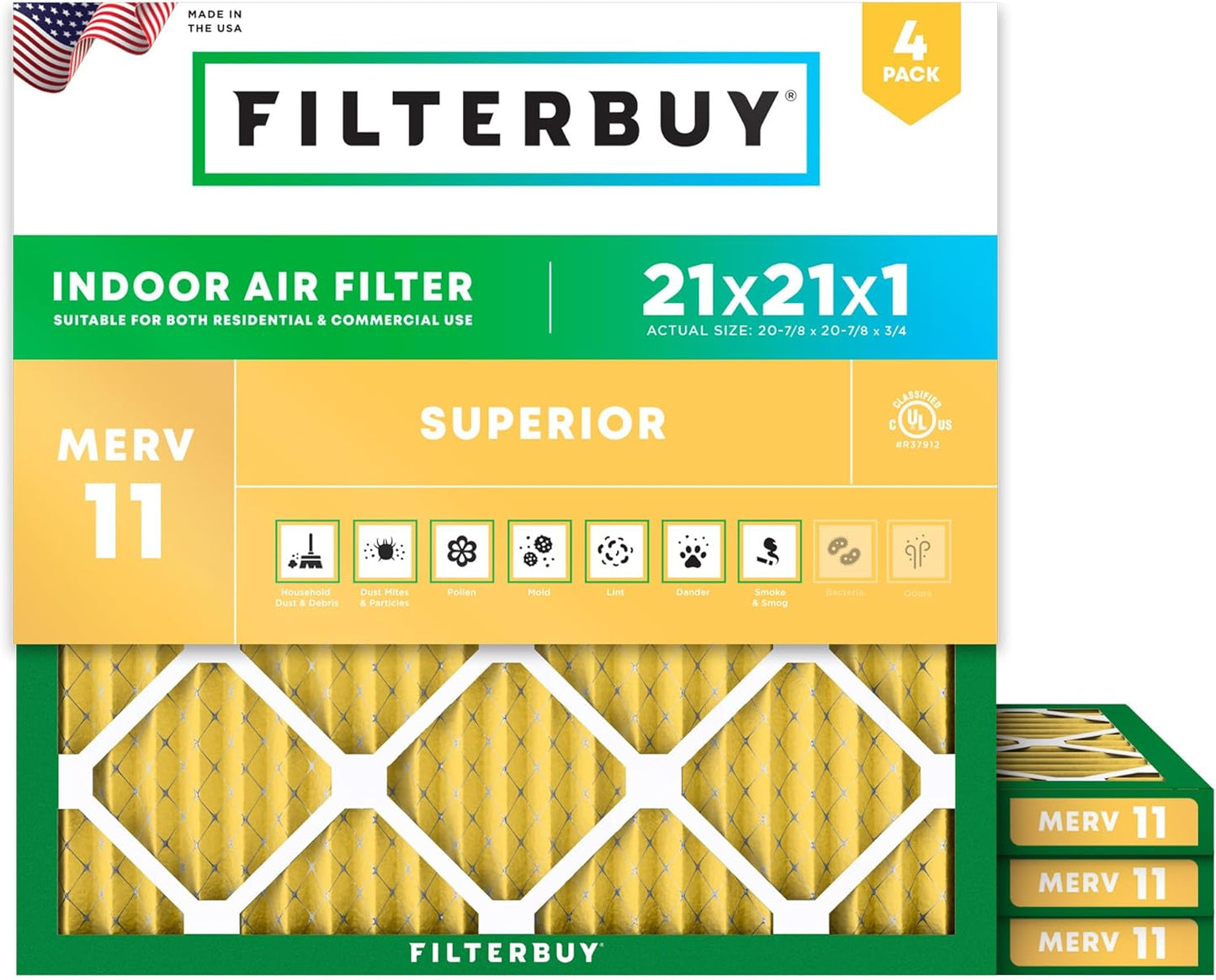 Filterbuy 21x21x1 Air Filter MERV 11 (MPR 1200) Allergen Defense Replacement (4-Pack), Electrostatic Pleated HVAC AC Furnace Filters, Made in USA (Actual Size: 20.88 x 20.88 x 0.75)