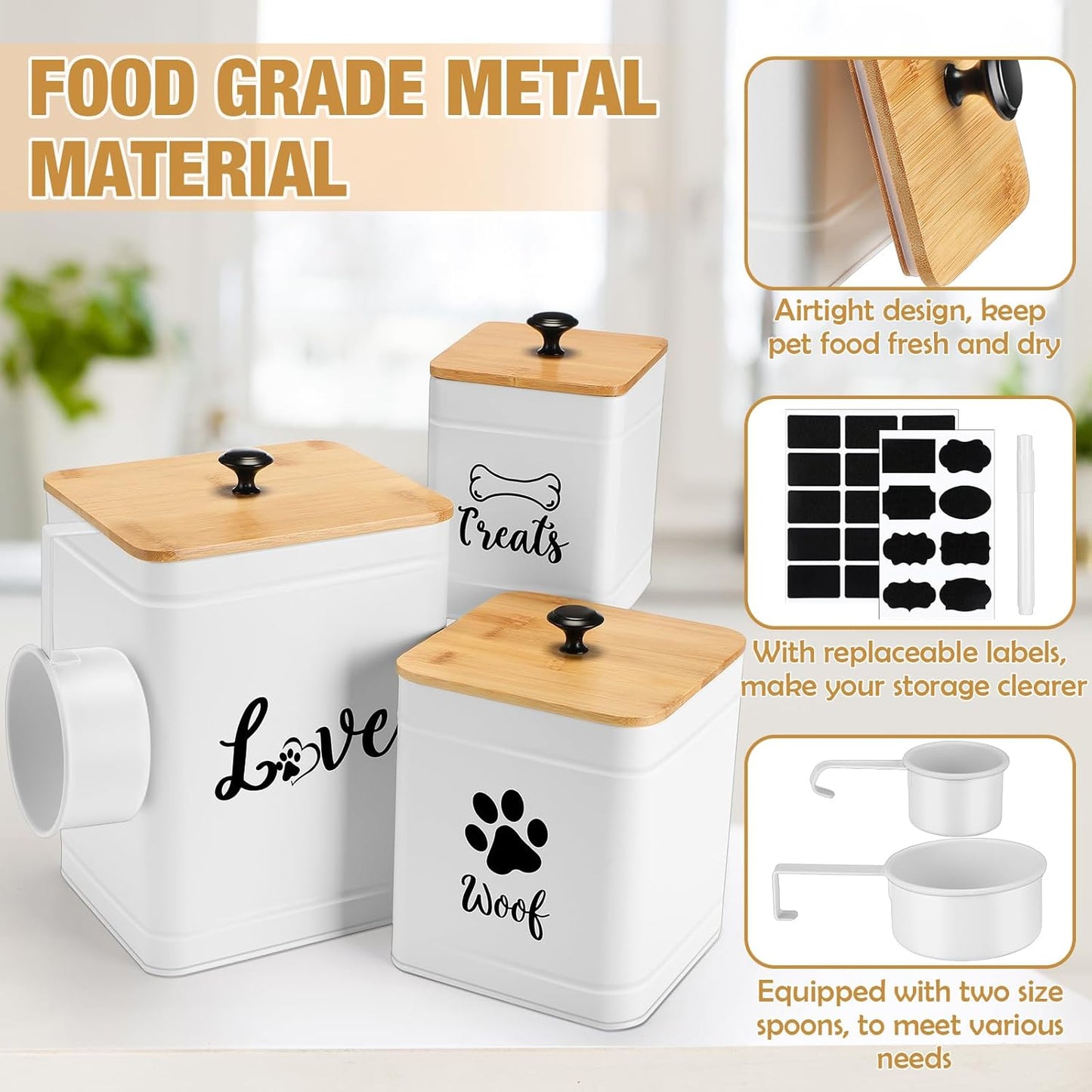 Metal Dog Treat Containers Set of 3 with Bamboo Lids and Spoon Airtight 7+3+2 lbs Dog Food Snack Jars with DIY Labels Big Pet Cookie Storage Jar for Kitchen Counter(White,Modern)