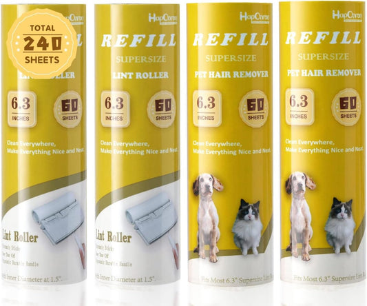 Large Surface Lint Roller Extra Sticky Refills, Total 240 Easy Tear Sheets, Insert Tube Measures 1.5" and Fits Most Supersize 6.3'' Wider Lint Roller, Works Great On Pet Hair(Pack of 4)