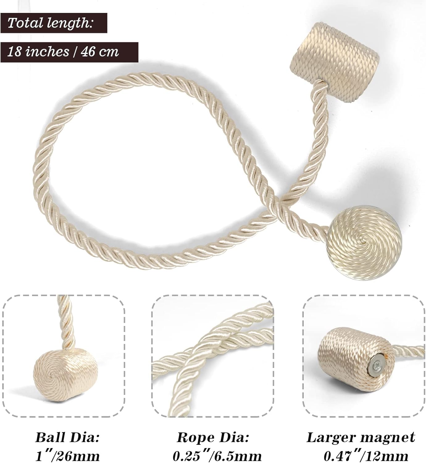 Hion Magnetic Curtain Tiebacks Beige 2pcs, Curtain Tiebacks Buckles Holdbacks Holders Hooks Clip for Home Bedroom Office Decorative Curtain