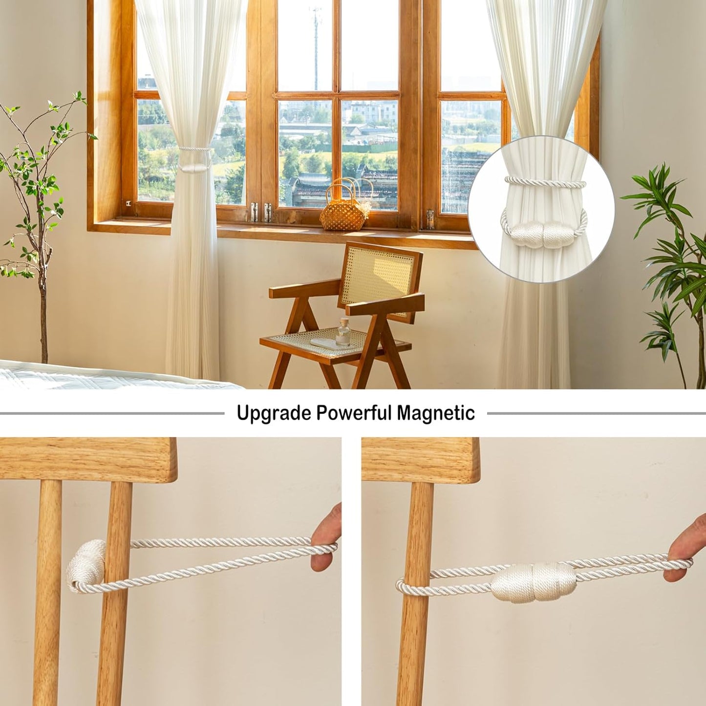 Magnetic Curtain Tiebacks Rope Curtain Tie Backs for Curtains 8 Pack Curtain Holders for Drapes Decorative Window Curtain Holdbacks, White
