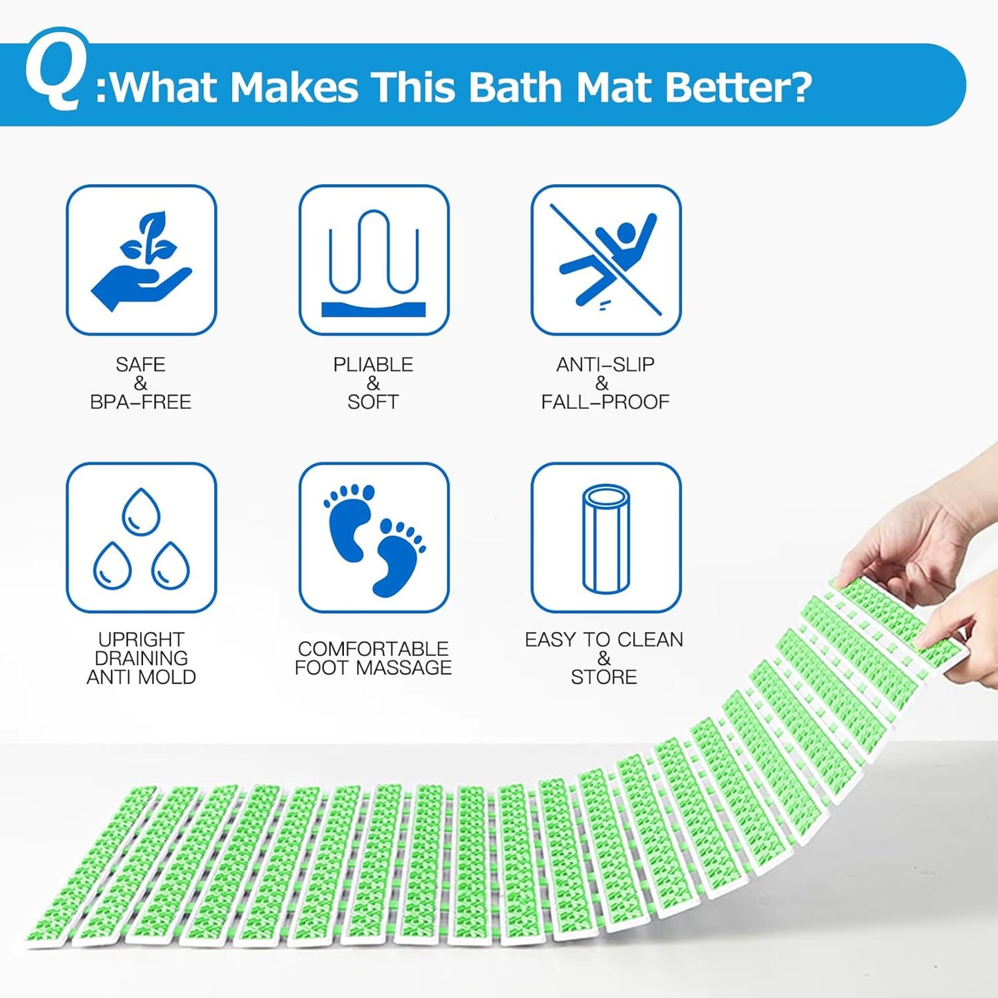 Matace Non Slip Rubber Bathtub & Shower Mat with Suction Cups, Thick Textured Surface, Fast Drain and Upright Drying Design, No Pooling Water for Better Hygiene, 27 x 16 Inch, Mint Green