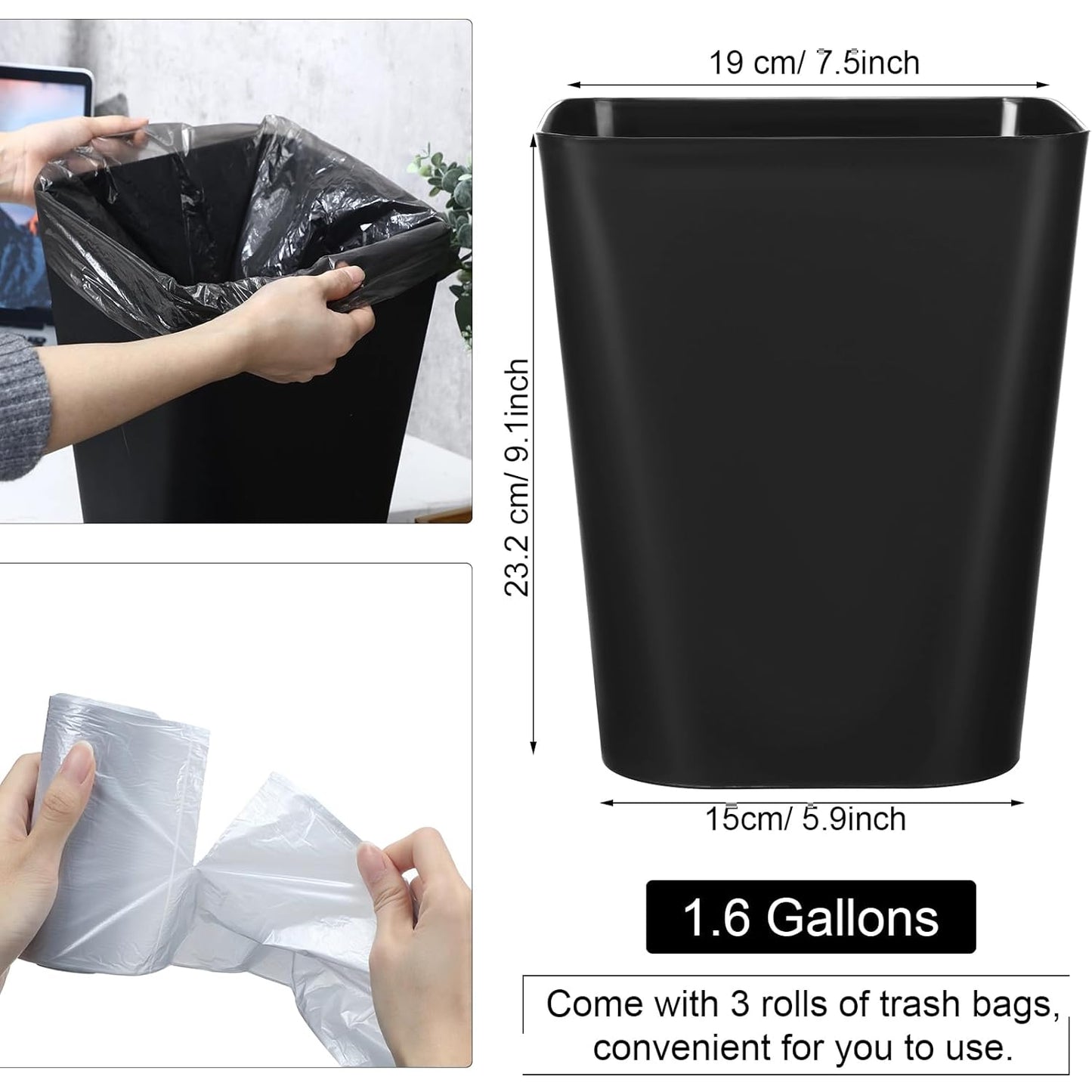 Eccliy 6 Pack Plastic Trash Can with 3 Rolls of Trash Bags Small Wastebasket Garbage Bin Container for Bathroom, Bedroom, Home Office, Living Room, Kitchen (Black)