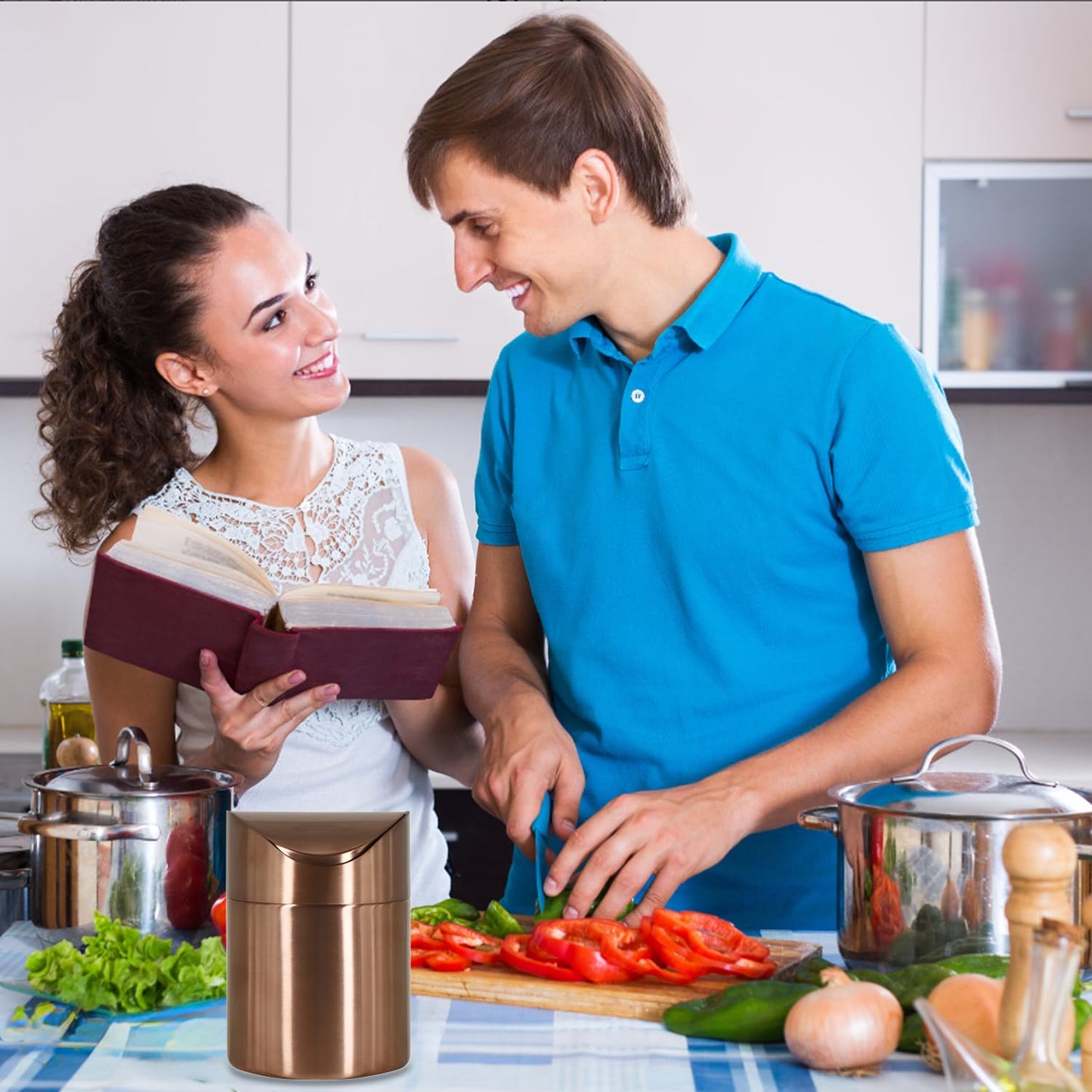 Mini Trash Can, Tiny Desktop Trash Bin with Swing Lid, Stainless Steel Bathroom Countertop Garbage Cans Kitchen Waste Bins with Trash Bag