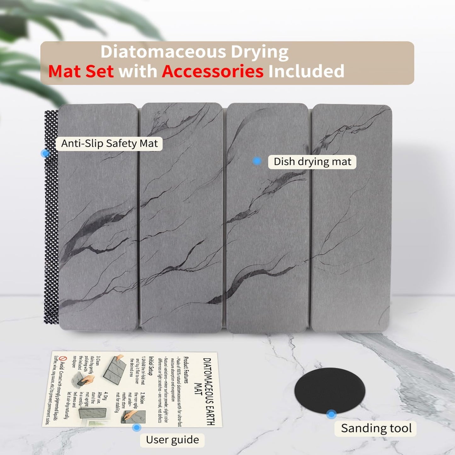 Large Stone Drying Mat for Kitchen Counter24"x16" , Misty Gray,Diatomaceous Earth Quick Dry Foldable Dish Drying Mat, Eco-Friendly Minimalist Design for Modern Homes (Gray, Large)