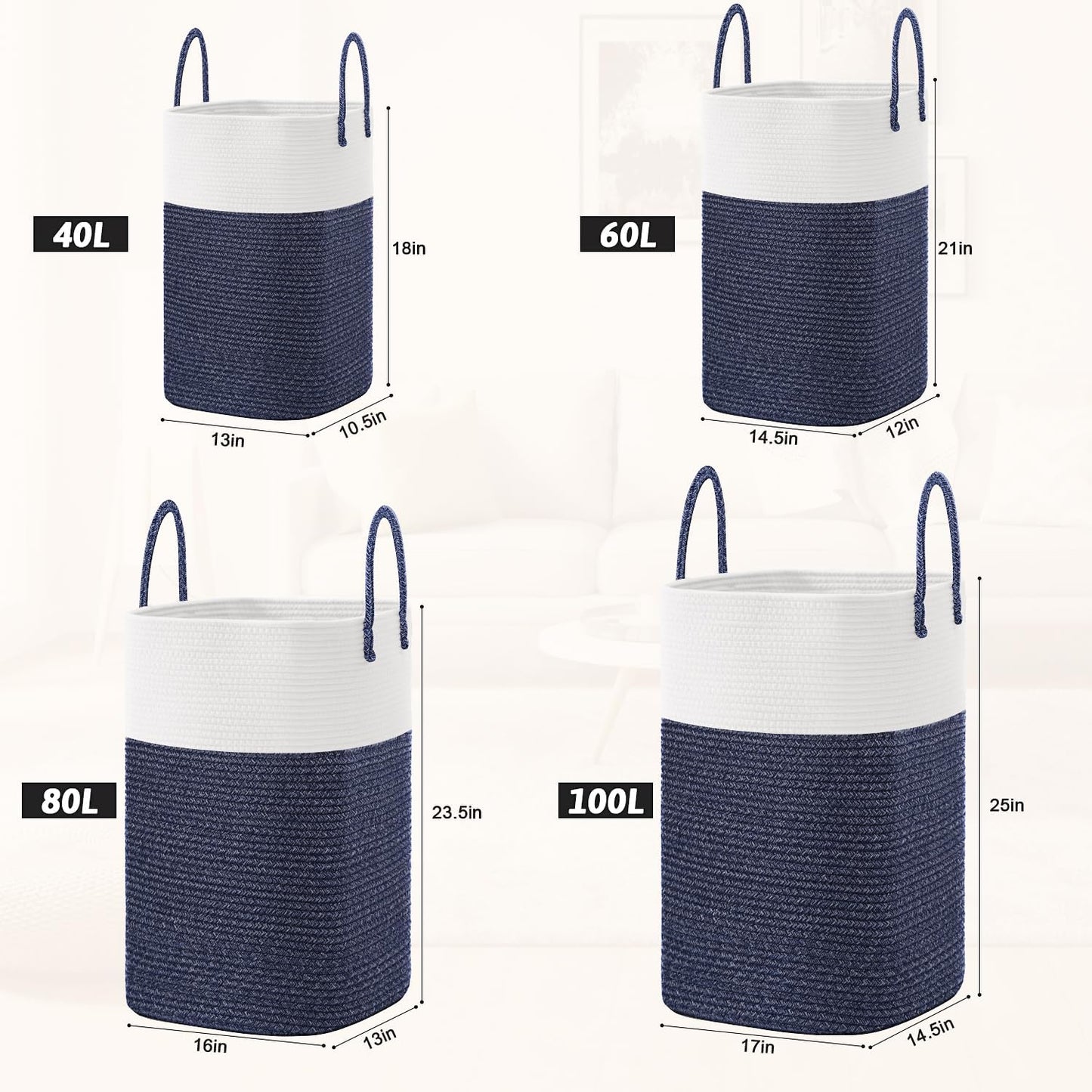 Laundry Basket,Woven Cotton Rope Laundry Hamper,Versatile Storage for Dirty Clothes,Baby Toys,and Blankets in Bathroom, Nursery,and Living Room (Blue, 100L)
