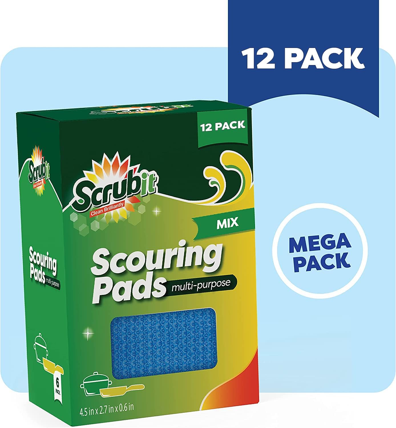 SCRUBIT Multi-Purpose Dish Scrub Sponge, Non Scratch Scouring Pads, Cleaning Sponges for pots & Dishes - Pot Scrubber Sponges for Kitchen & Bathroom - 12 Pack Dish Sponge (Blue,Red,Green)