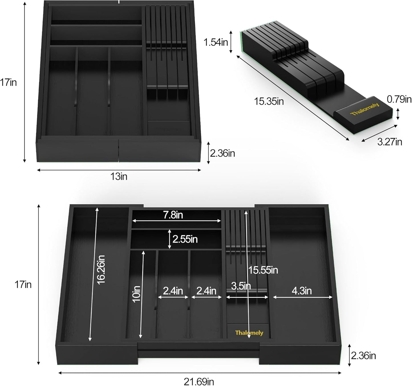 Bamboo Kitchen Drawer Organizer, Expandable Utensil Organizer with Removable Knife Block, Cutlery Tray Holder with Divider, Adjustable Silverware Organizer, Black