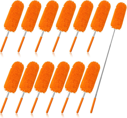 Tanlade 12 Pcs Microfiber Feather Duster for Cleaning 13-31 Inch Extendable Cobweb Dusters Ceiling Fan Duster Washable Bendable Tool for Office Car Window Furniture (Orange)