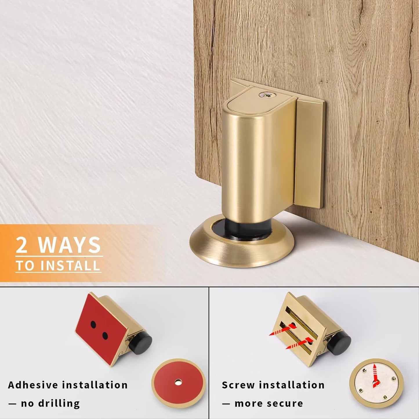 Bak Bo Magnetic Door Stoppers 4 Pack Bottom of Door Holder Keep Door Open No Drilling Magnet Floor Door Stop with Screws and Adhesive Brushed Gold DS268BG-4
