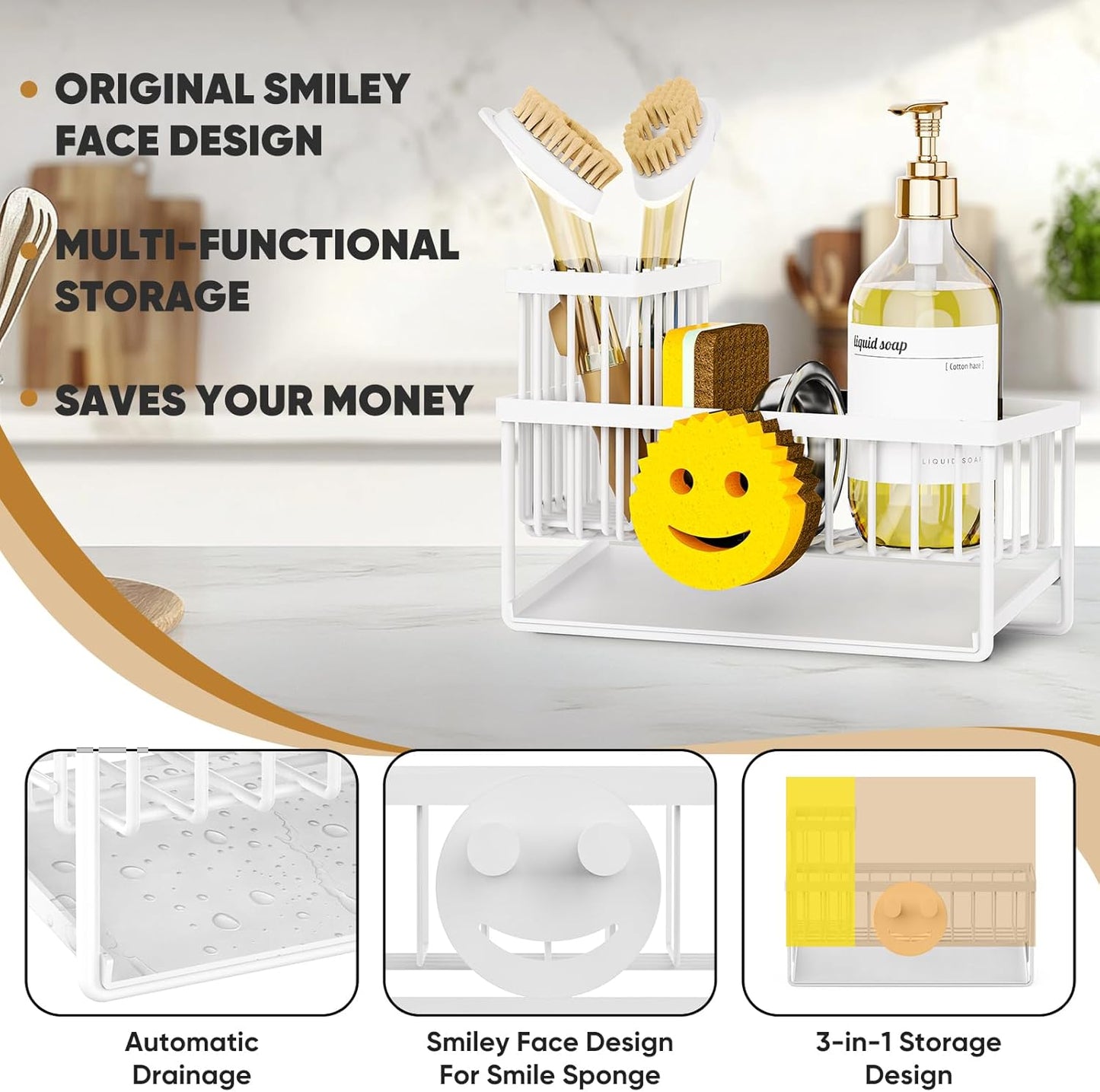 Sponge Holder for Kitchen Sink,Smiley Face Sink Caddy with Removable Brush Holder,Self-Draining Sponge Caddy for Sponge,Soap,Dish Brush,Scrubber,Kitchen Essentials and Gadgets-White