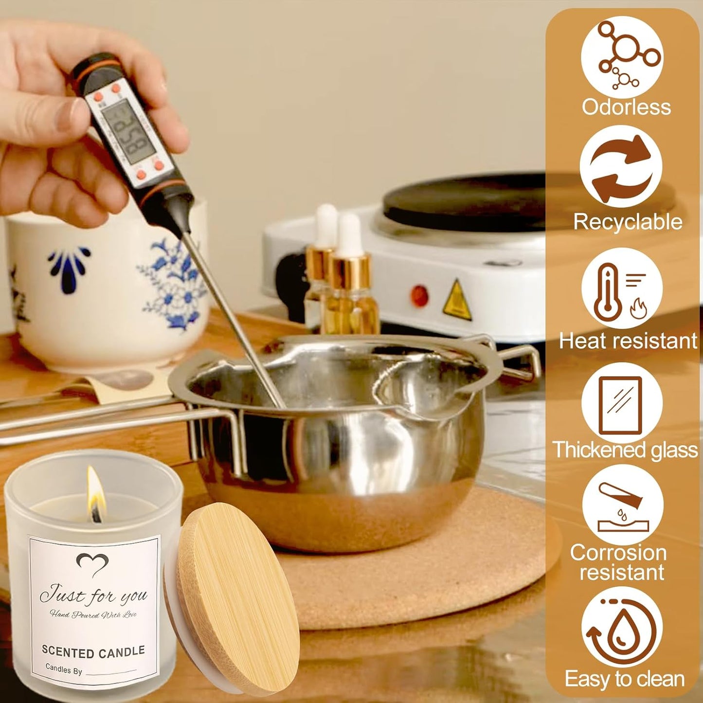 CONNOO 8 Pack 14 OZ Frosted Glass Candle Jars with Bamboo Lids for Making Candles, Large Size Empty Candle Tins with Sticky Labels - Leakproof & Dishwasher Safe.