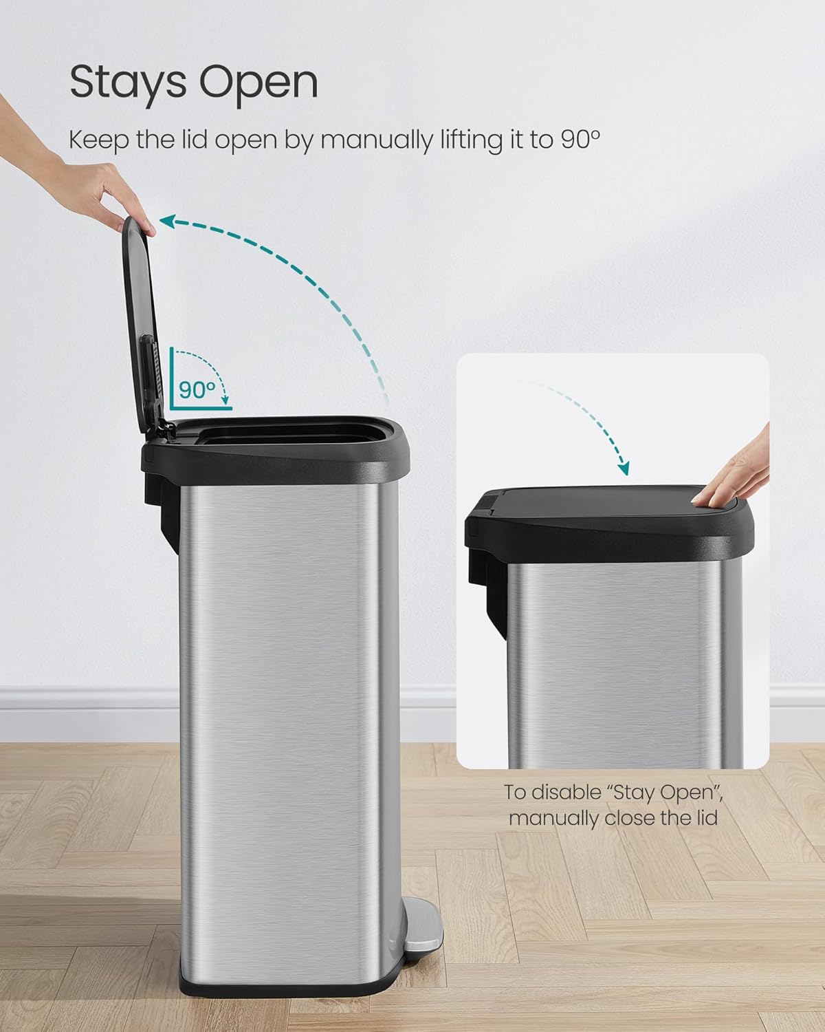 SONGMICS Kitchen Trash Can, 21 Gallon (80 L) Stainless Steel Garbage Can, with Stay-Open Lid and Step-on Pedal, Soft Closure, Tall, Large and Space-Saving, Silver and Black ULTB534E01