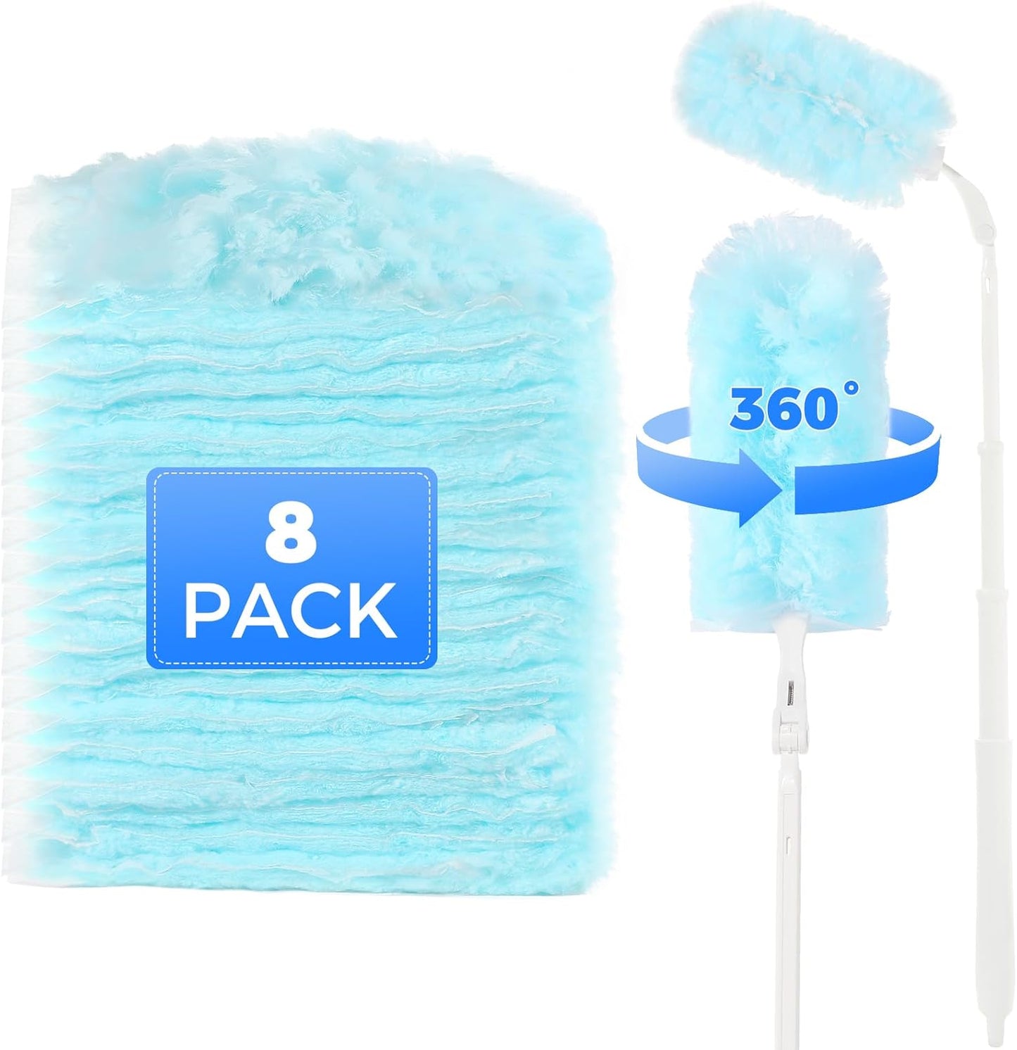 Disposable Duster Refills 8-Pack with Extendable Handle, 360° Electrostatic Dusting Tool, Adjustable Angle for Ceiling/Fan/Furniture Cleaning (Compatible with Multi-Brand Heads)