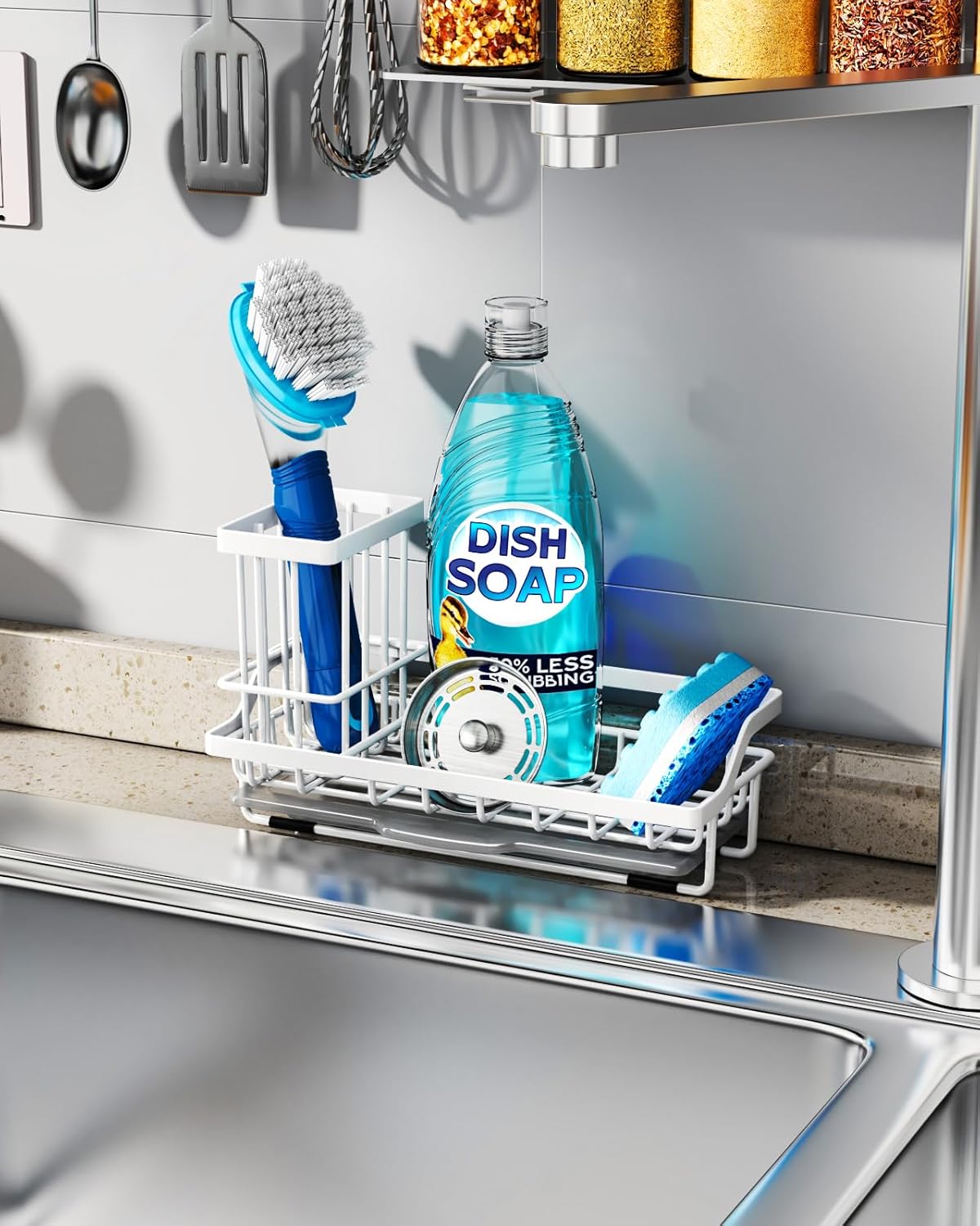 Consumest Sponge Holder for Kitchen Sink - Sink Caddy Organizer with Removable Drip Tray for Countertop Dish Soap Dispenser Brush Storage Kitchen Accessories 304 Stainless Steel, White