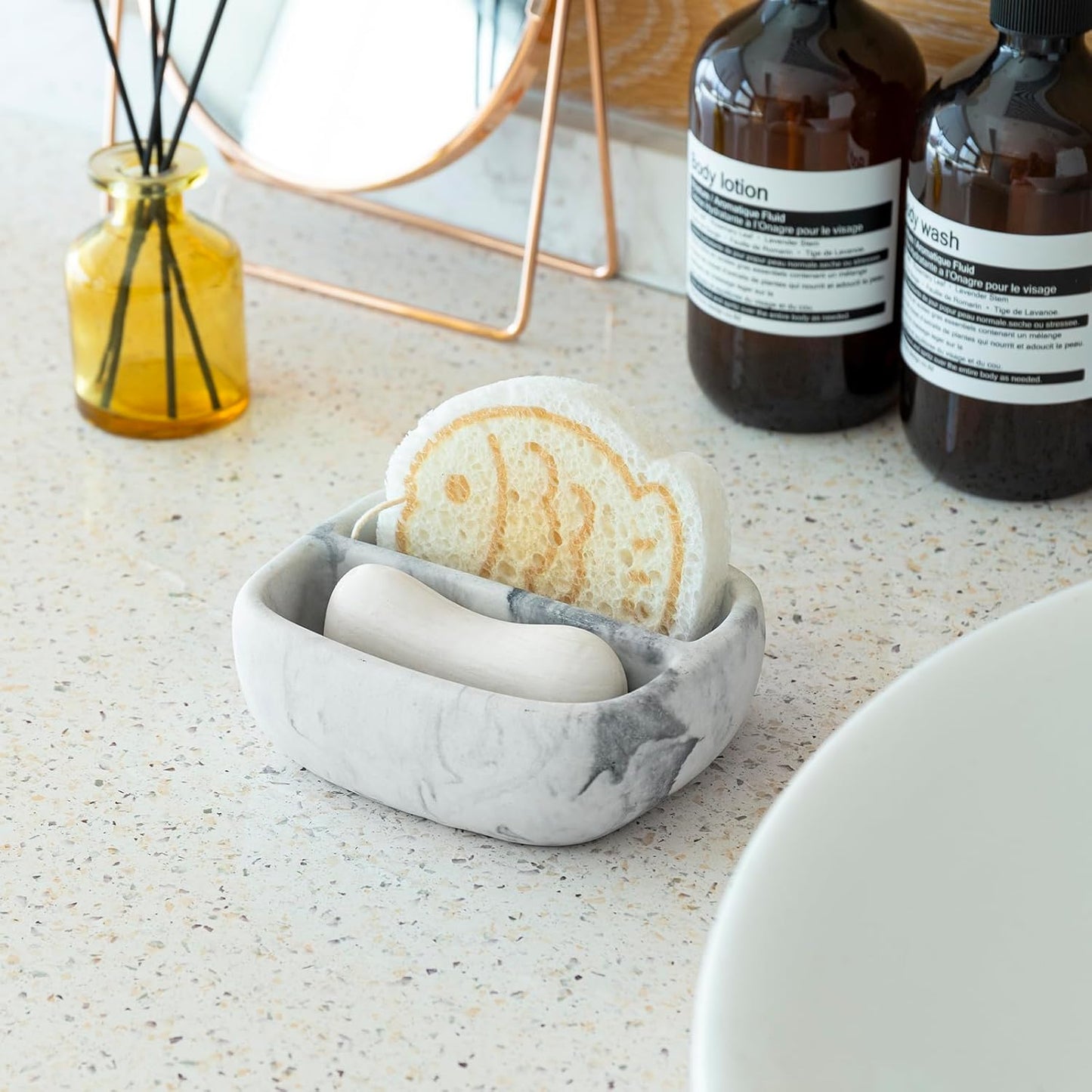 MyGift Modern White Resin Sponge Holder for Kitchen Sink, Countertop Dish Sponge Holder with 2 Compartments and Marble Pattern