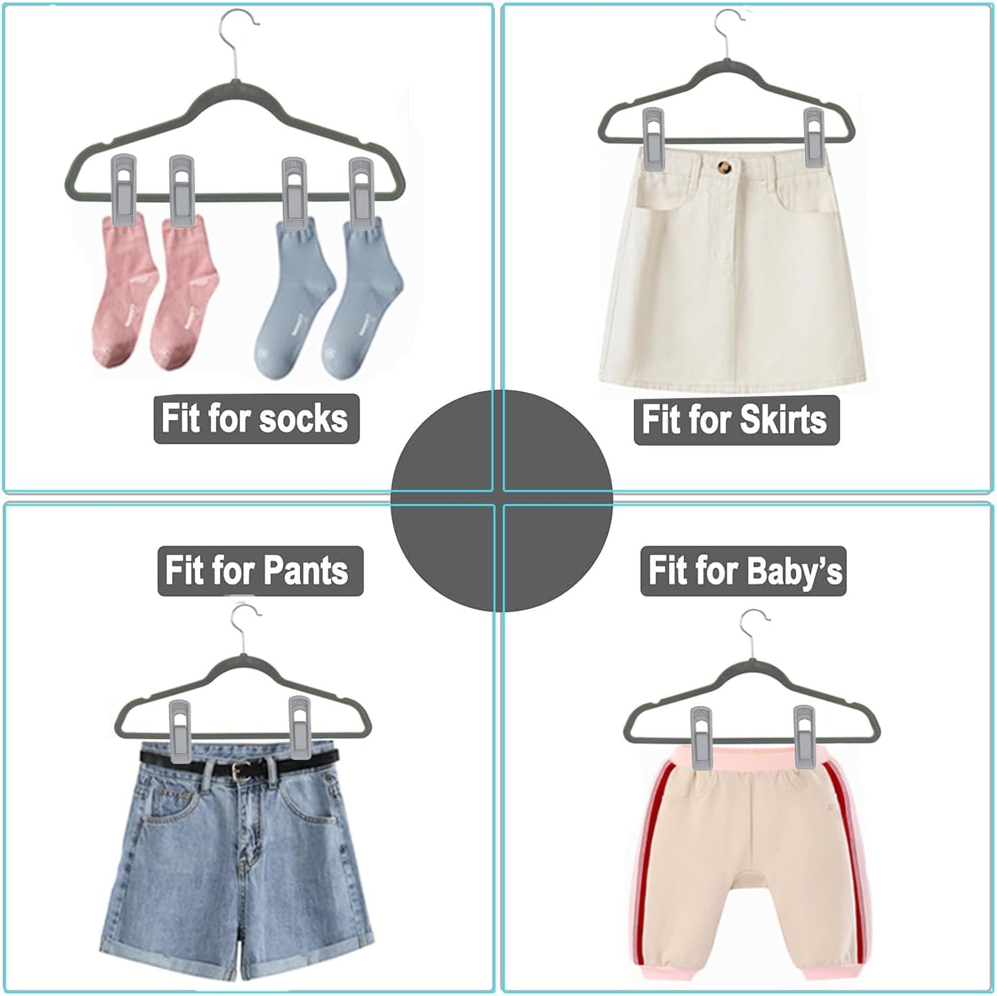 Hanger Clips Perfect for Velvet Hangers (Grey, 20 PCS), Strong Plastic Clips Pant Skirt Hanger Clips for Grey Flocking Felt Hangers