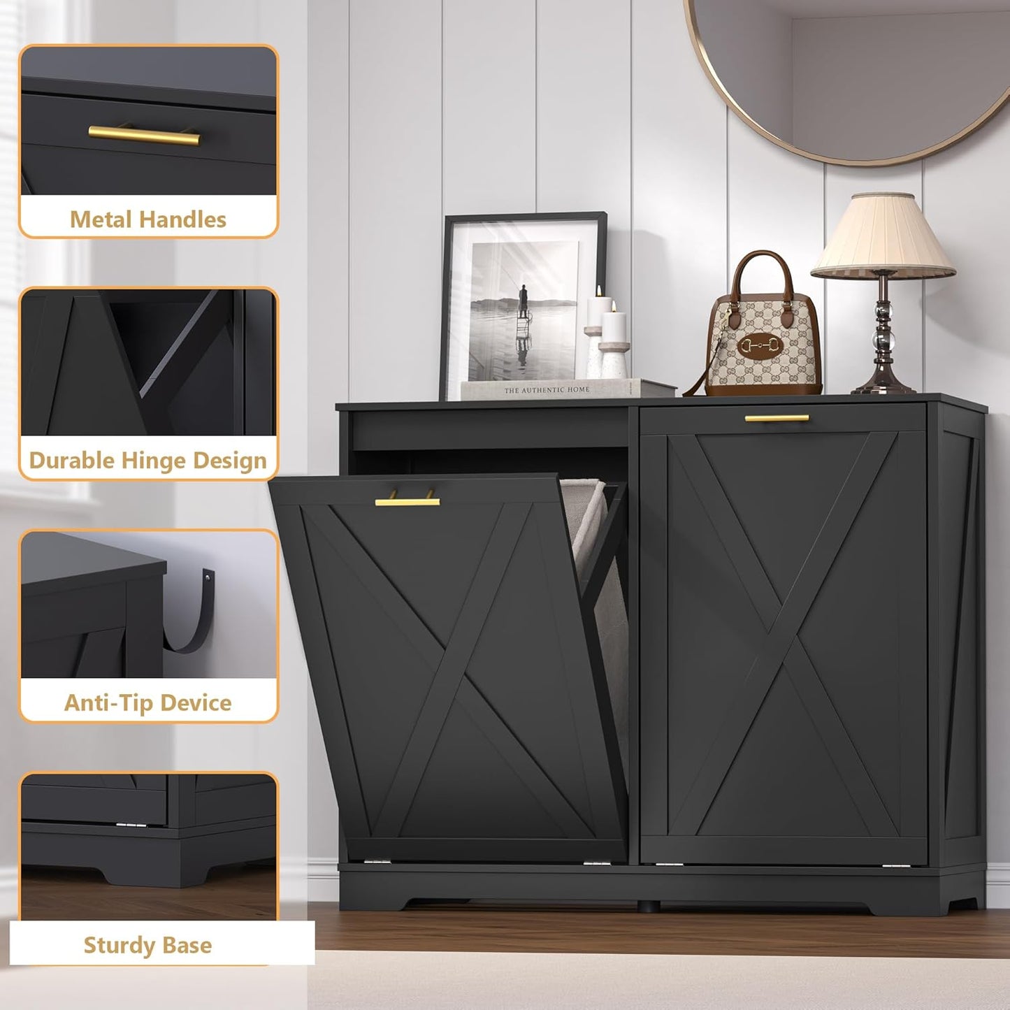Tilt Out Trash Can Cabinet for 2 Bins, Hidden Recycle Garbage Bin Enclosure, Wooden Double Laundry Cabinet with Odor Control, Negative Ion & Ozone, for Kitchen, Bathroom, Laundry Room