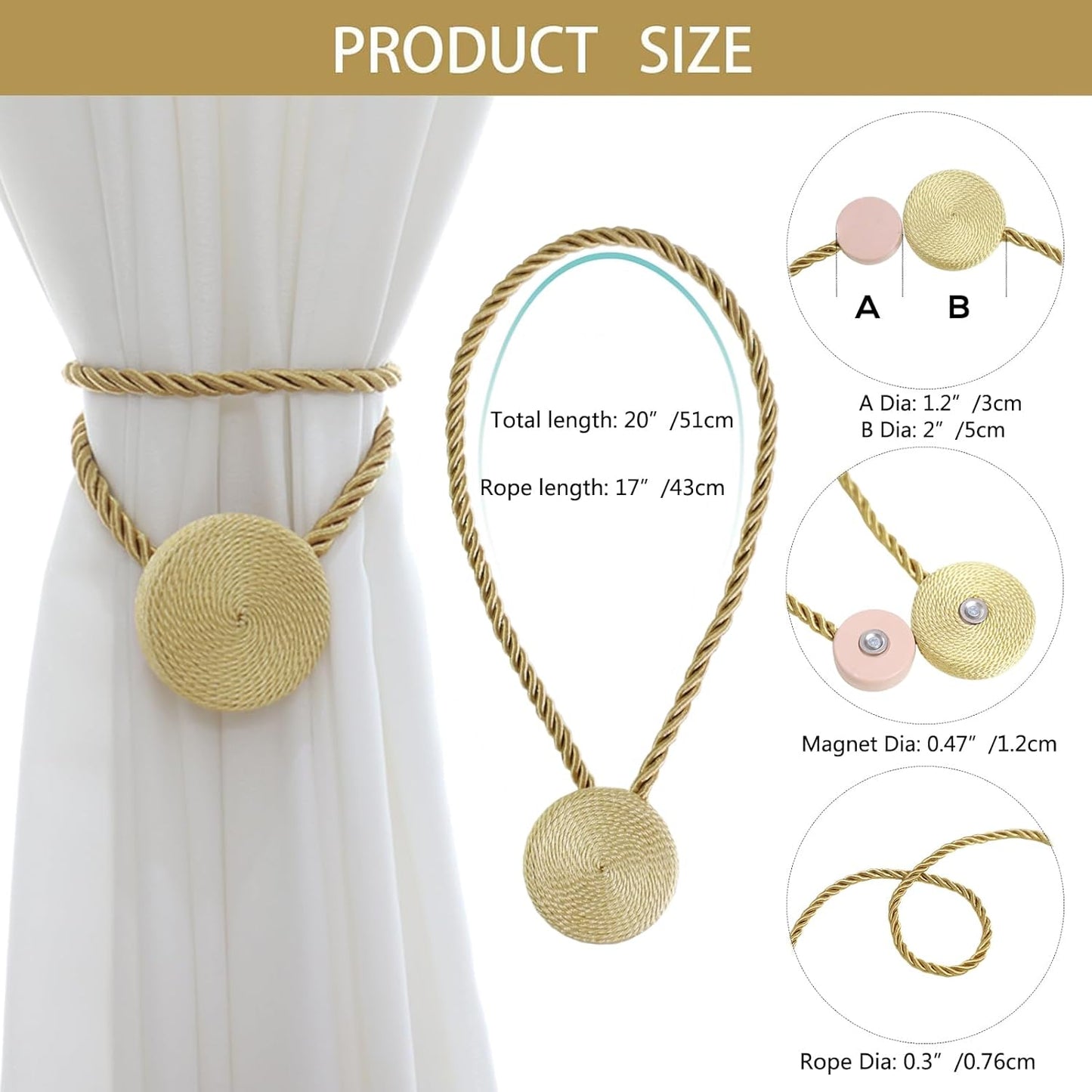 Magnetic Curtain Tiebacks - 12mm Magnetic Tie Backs for Curtains, Heavy Duty No Drill Curtain Holdbacks for Home/Office Windows Drapes, Elegant Gift-Ready Design 7 Colors (2, Gold)