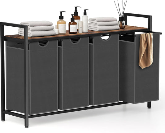 Laundry Hamper, Laundry Sorter with 4 Pull-Out Removable Oxford Fabric Bags Cloth Laundry Basket 4 x 10 Gallons (Grey and Rustic Brown)