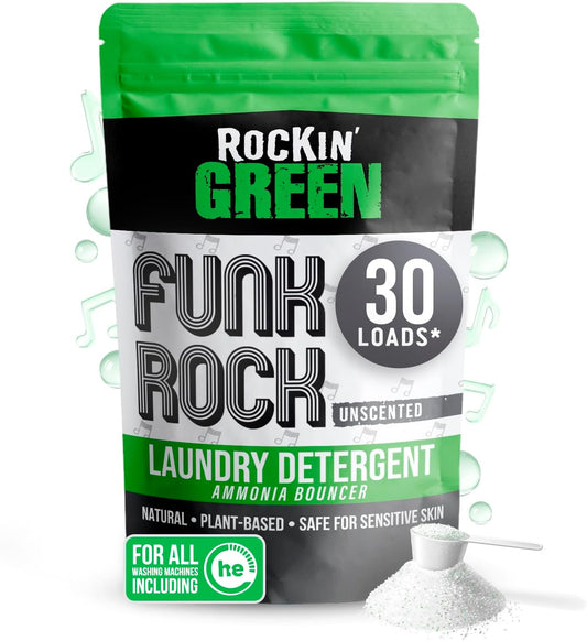 Rockin' Green Laundry Detergent, Plant based, All Natural Laundry Detergent Powder, Vegan and Biodegradable Odor Fighter, Safe for Sensitive Skin (Funk Rock Ammonia Bouncer 30 Loads - Unscented)